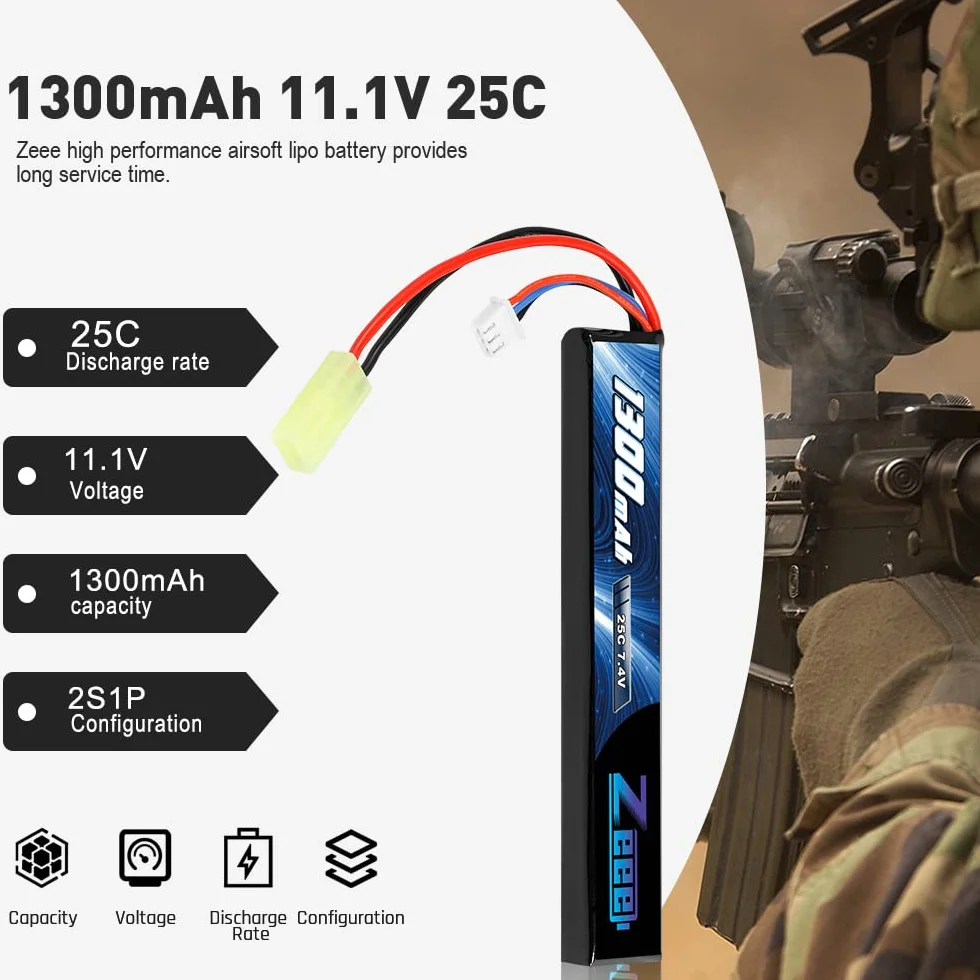 Zeee 2S Lipo Batteria 7.4V 1300mAh 25C Stick Airsoft