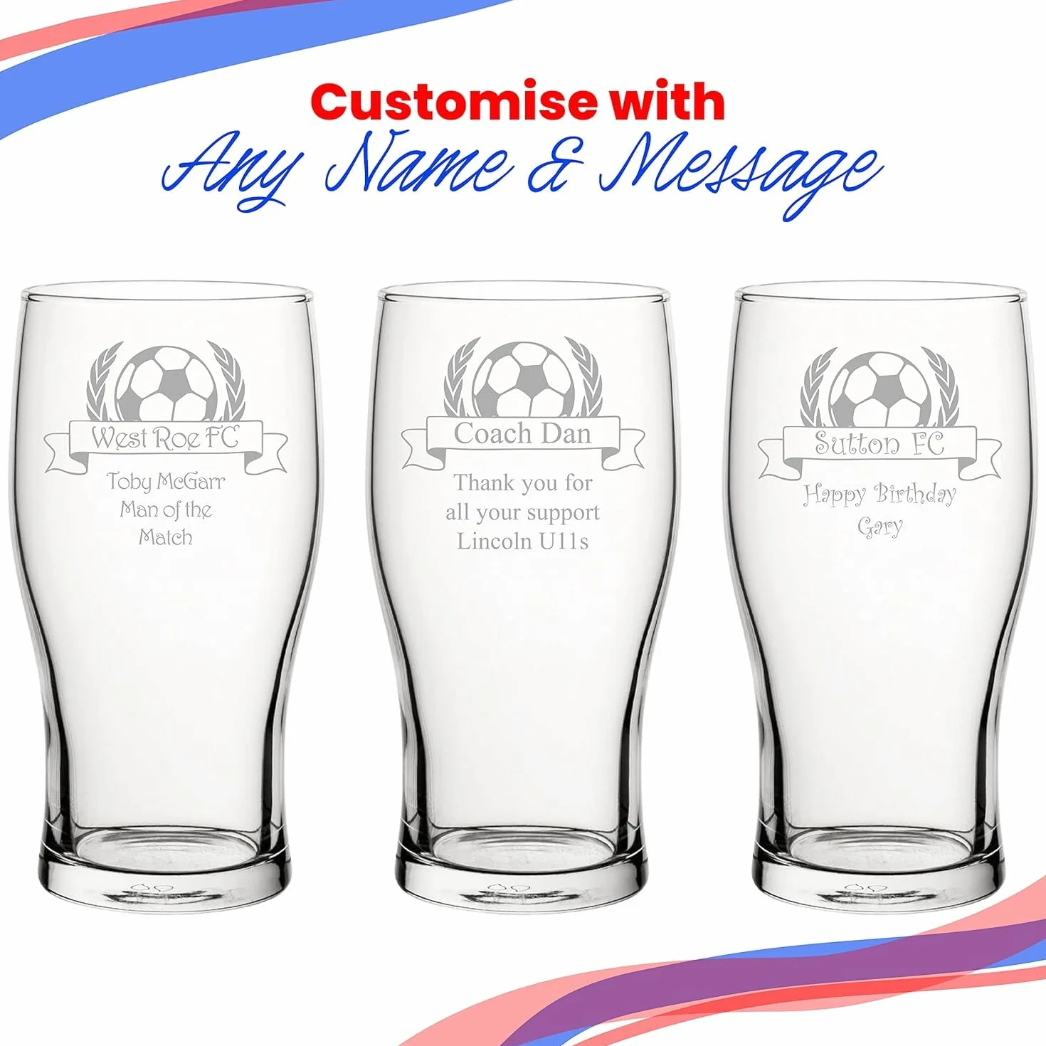 All Things Personalised Bicchiere Birra Pinta Personalizzato 0,5L - Bicchiere Inciso con Nome Squadra e Messaggio, Design Calcio e Coppa - Regalo Tifosi Calcio, Tornei, Compleanno - Confezione Regalo