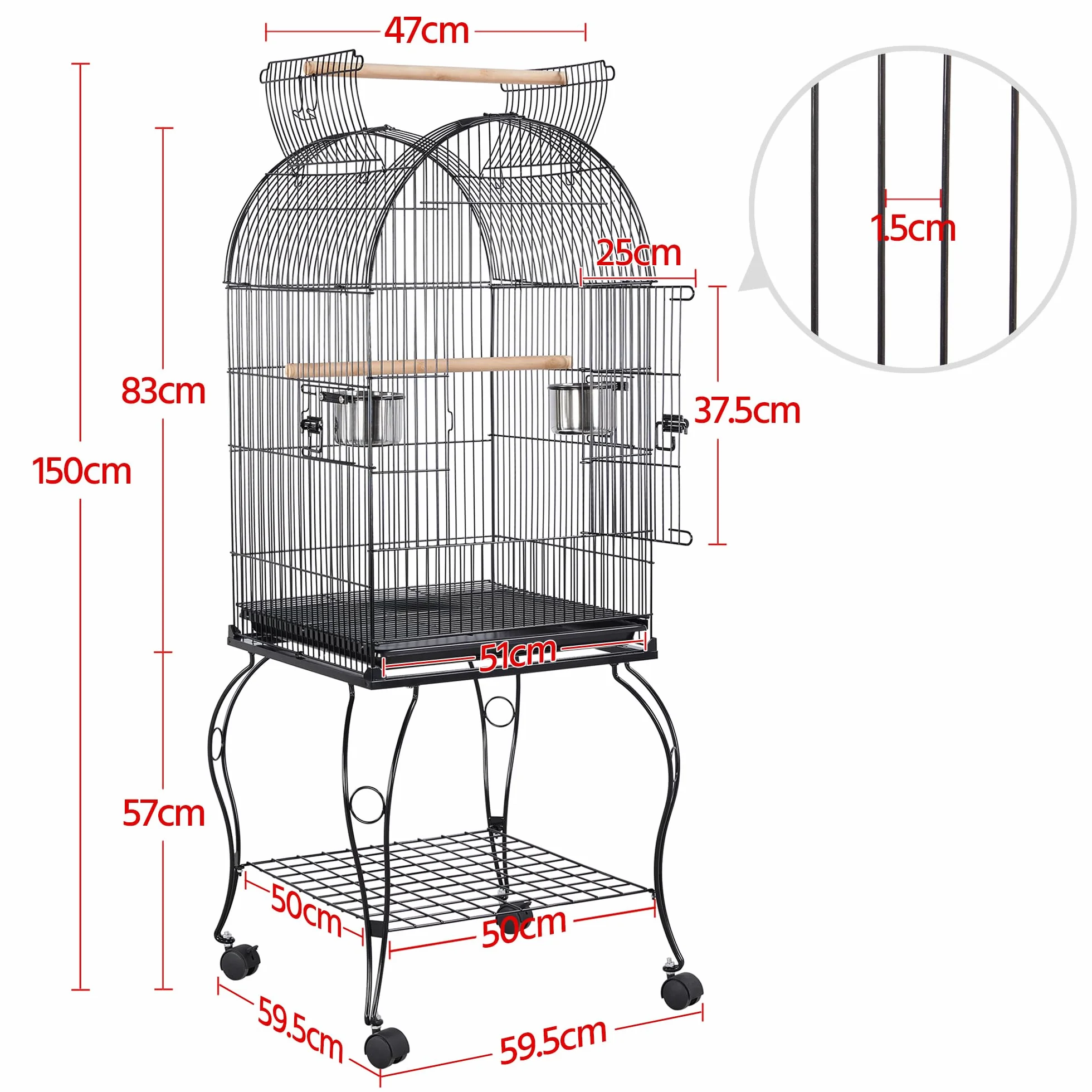 Yaheetech Gabbia Voliera per Uccelli Pappagalli con Carrello e Tetto Apribile in Metallo e Legno Nero 59 x 59 x 150 cm