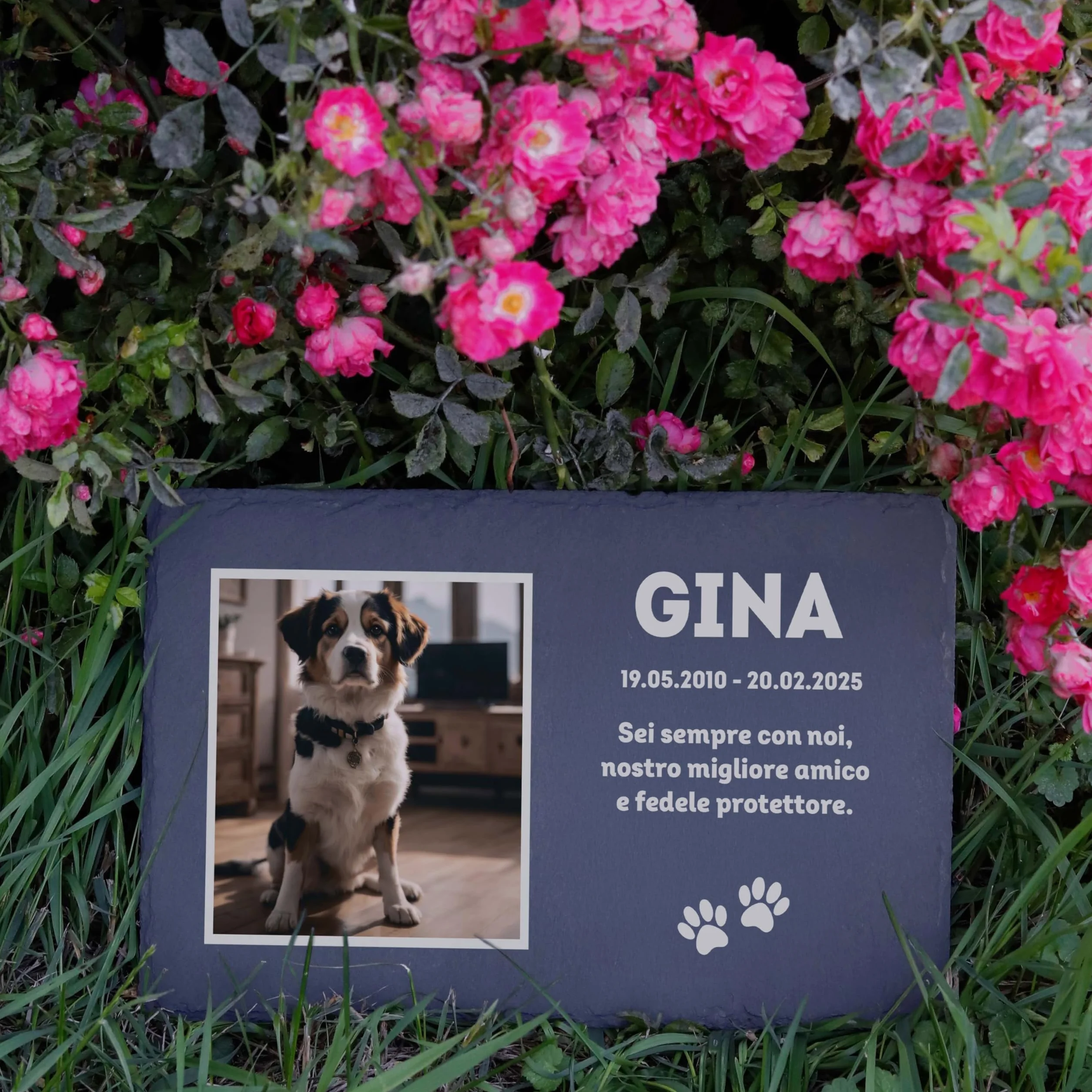 Lastra Personalizzata con Nome e Foto per Animali Domestici in Ardesia 3 Dimensioni Ricordo Tombale