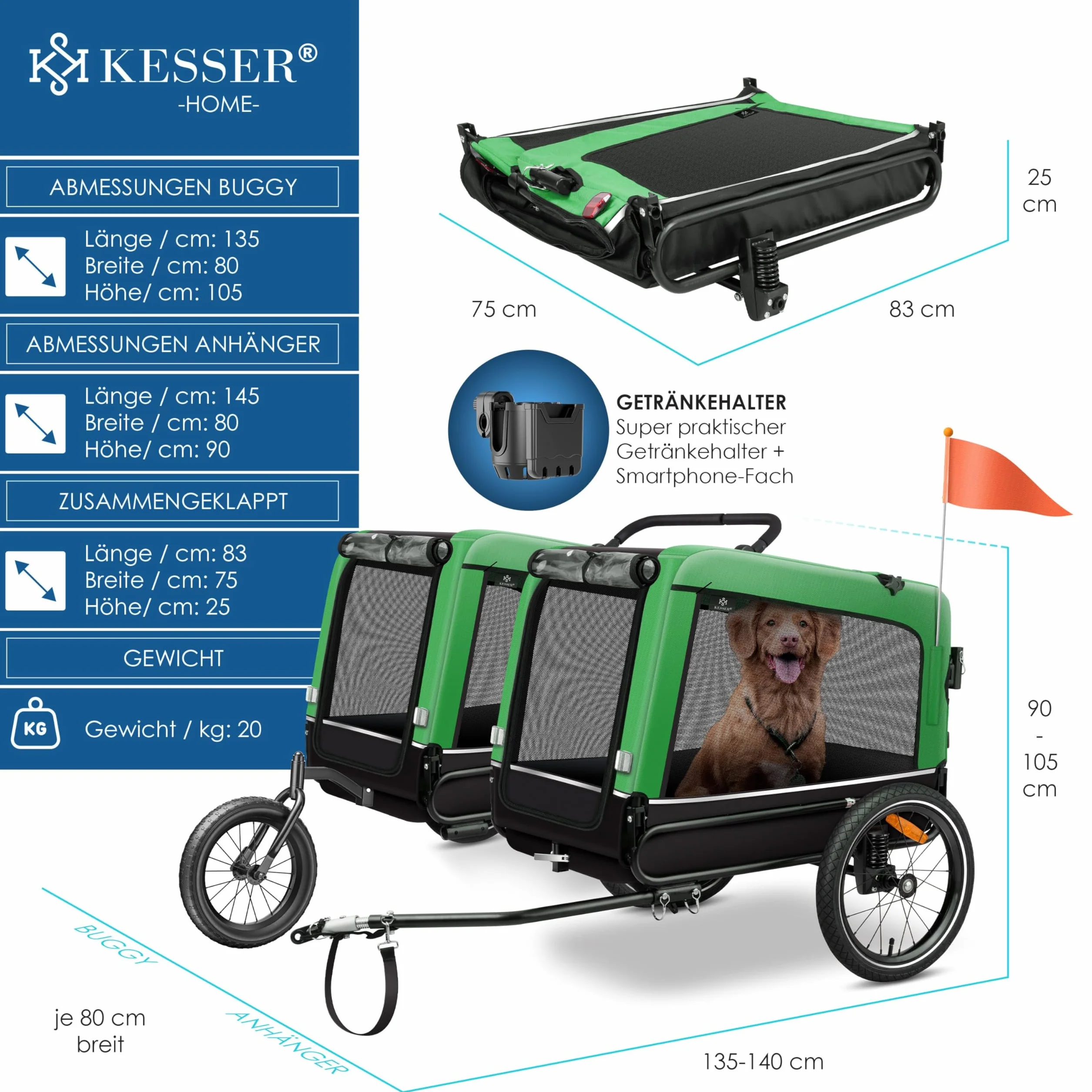 KESSER® Boxer 3-in-1 Rimorchio per Cani, circa 240 Litri di Volume, Tela Oxford 600D, SmartSpace Concept, max. 40 kg incluso Supporto per Bevande e Smartphone, molleggiato