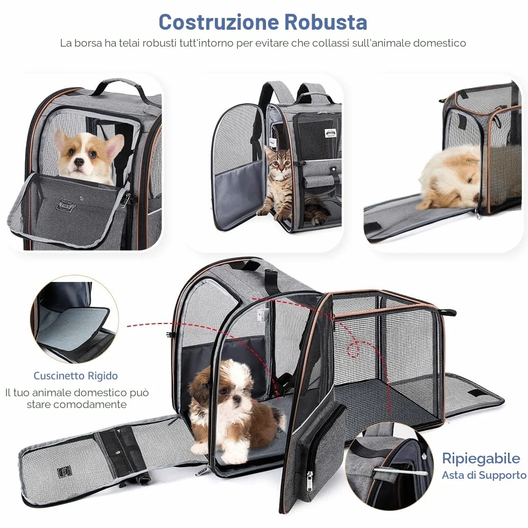 Zaino per Cani Gatti Grande Porta Animali Espandibile Fino a 8 KG, 4 Ingressi, Traspirante, Pieghevole, Grigio