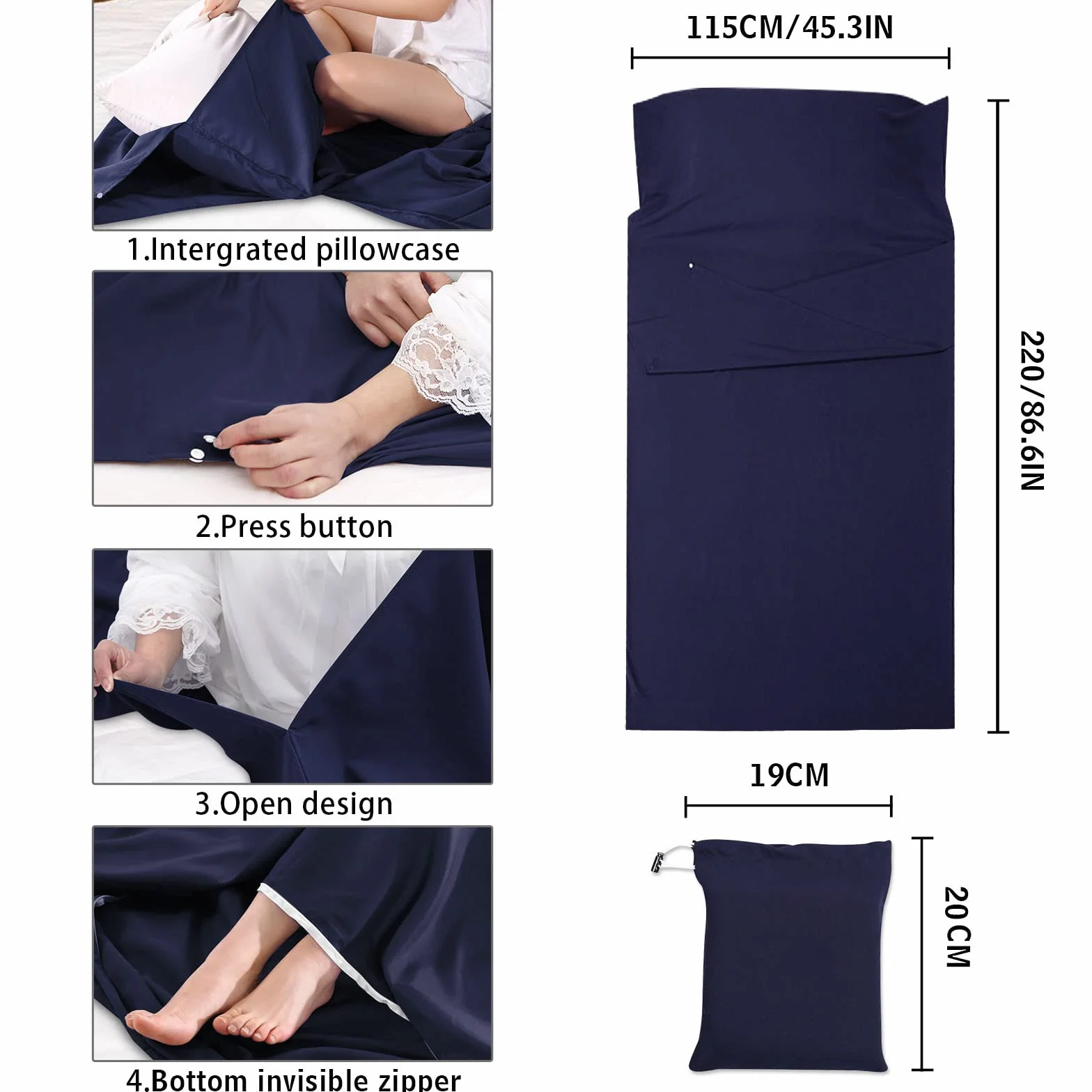 NiCoLa Sleeping Bag Liner 210 x 115 cm Lightweight Travel Sheet with Zipper & Pillow Slot for Camping