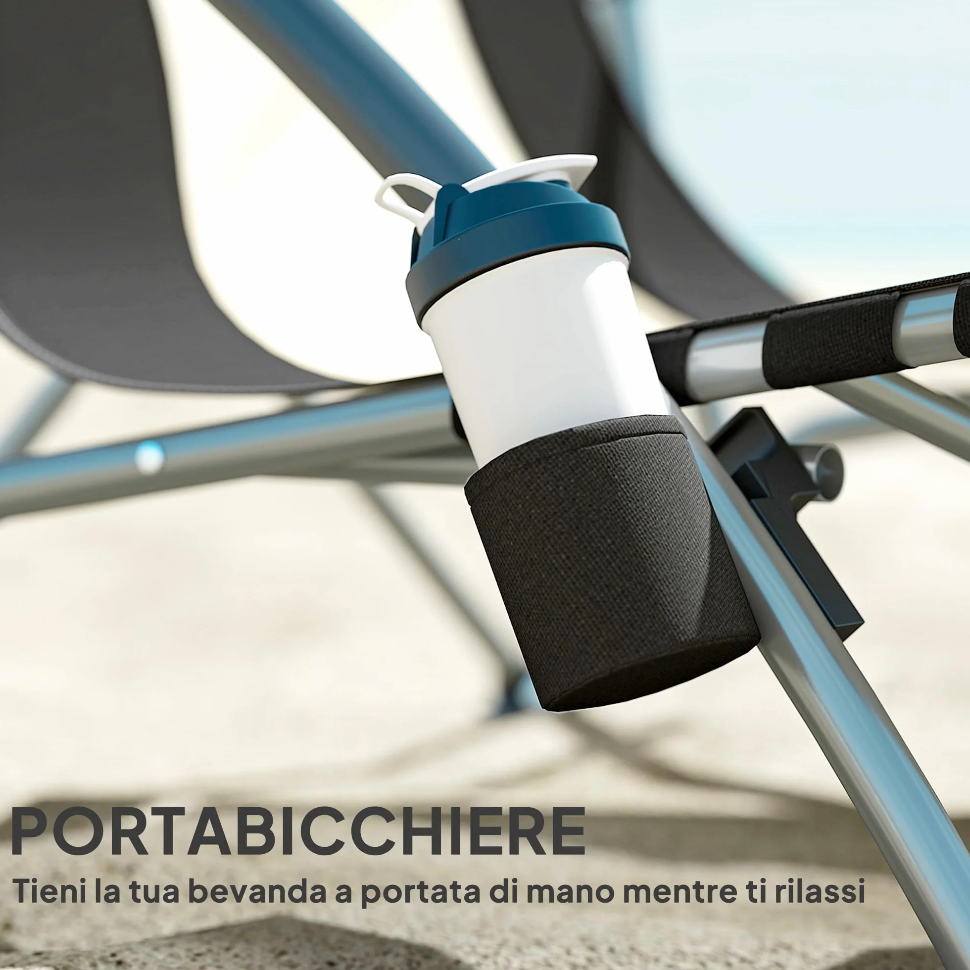 Outsunny Sedia da Spiaggia Pieghevole con Schienale a Rete e Braccioli, Portabicchieri, Borsa Trasporto, Nero