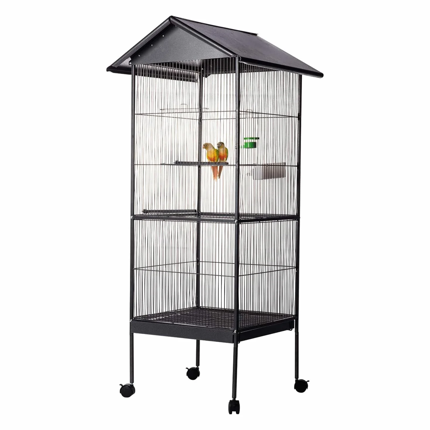 Aqpet Voliera con Tetto per Uccelli Grandi e Canarini, Gabbia in Metallo con Piedistallo e Ruote, Adatta per Interno ed Esterno, Dimensioni 157x52x52 cm, Nero