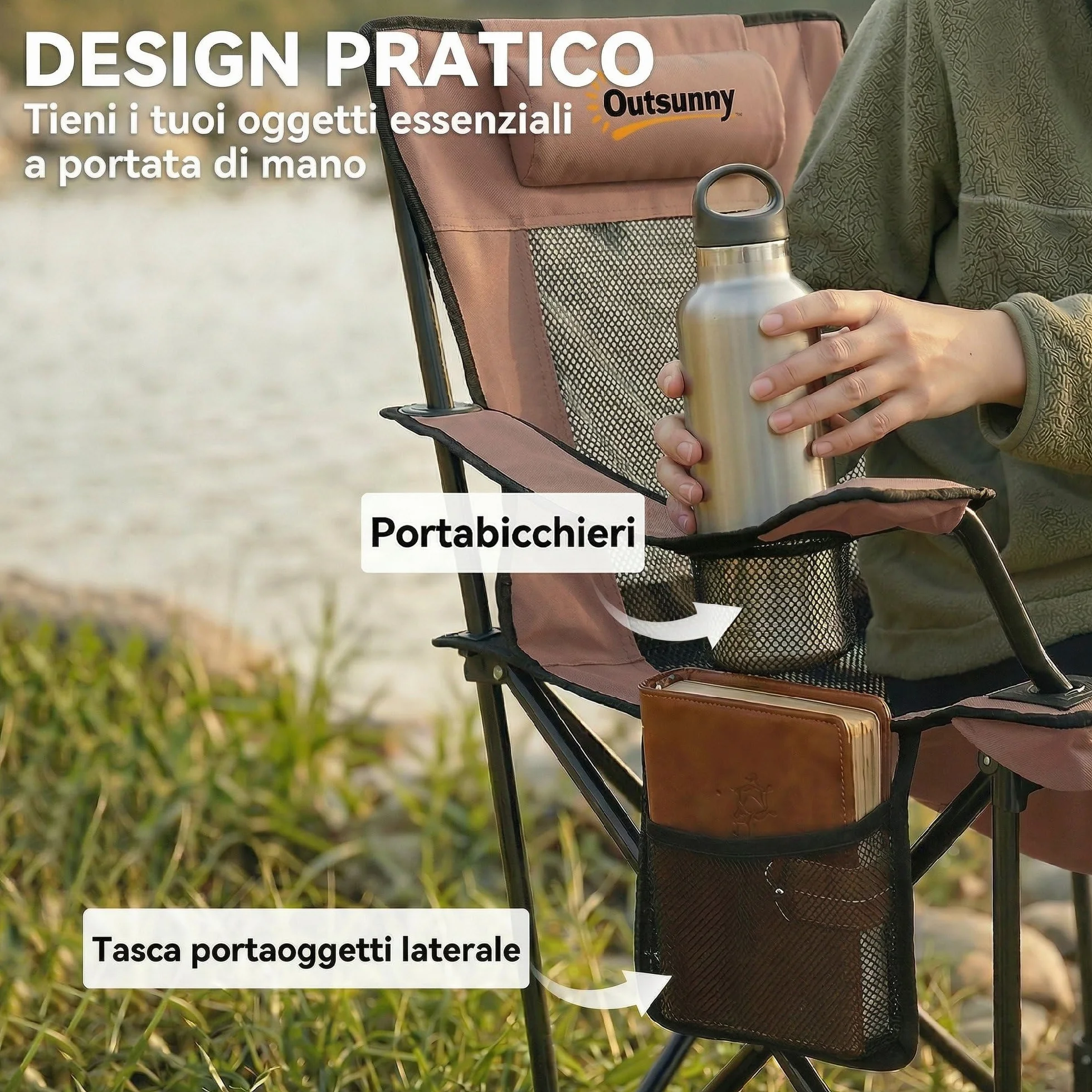 Outsunny Set 2 Sedie da Campeggio Pieghevoli con Poggiapiedi Staccabile, Portabicchieri e Tasca Laterale, Sedie da Giardino in Tessuto Oxford e Metallo, 165x80x90 cm, Marrone e Nero