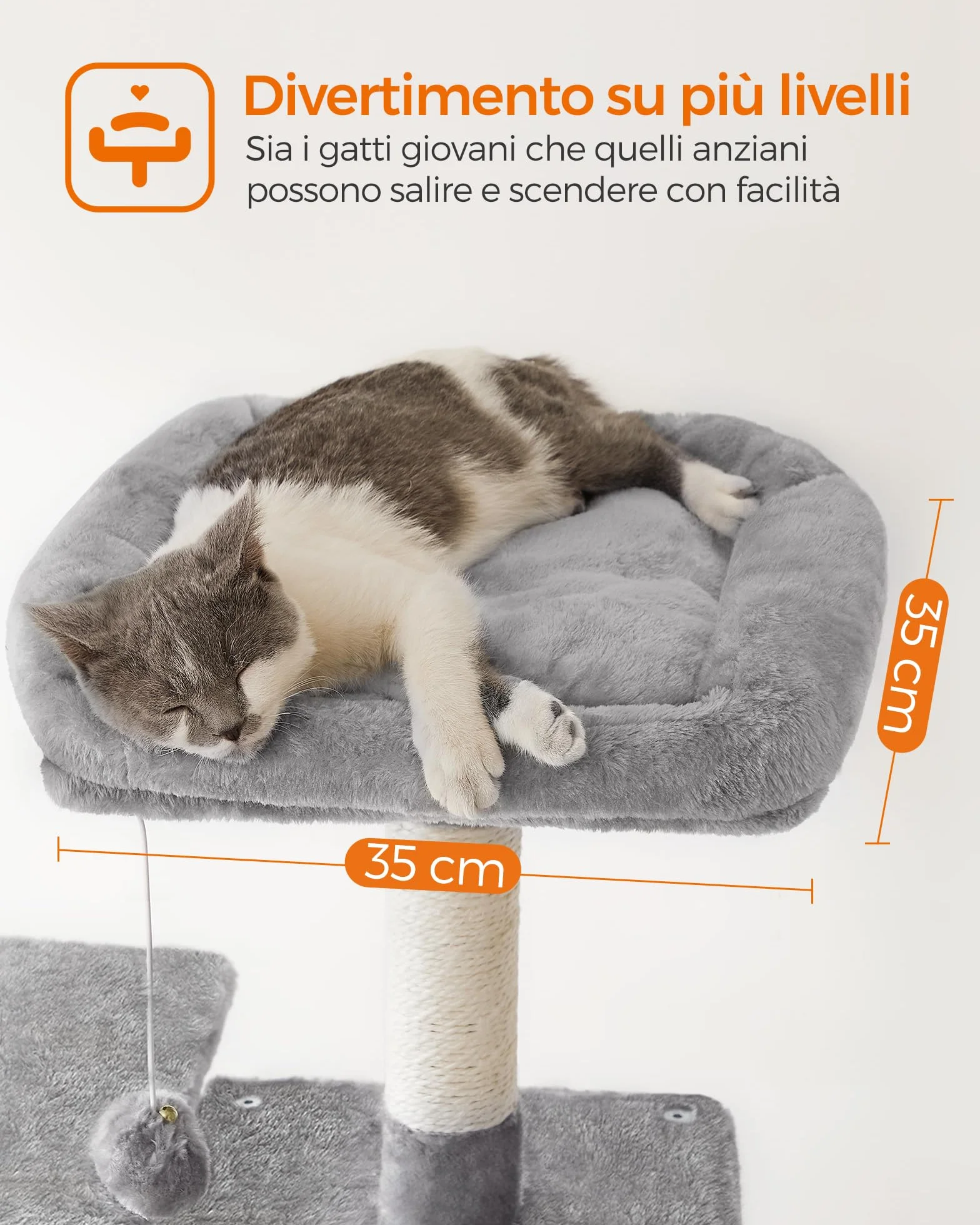 Feandrea Albero per Gatti Alto 143 cm, Tiragraffi per Gatti, con 4 Pali Graffiatoi, 2 Posatoi, 1 Grotta, 1 Amaca, 2 Pompon, in Peluche a Più Livelli, Grigio Chiaro PCT161W01