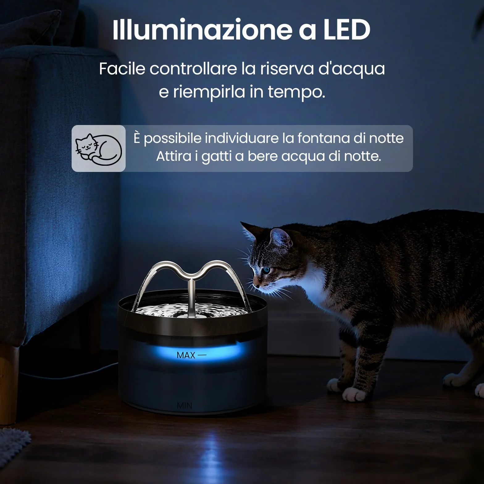 DOOOB Fontanella per Gatti, 2.1L Fontana per Gatti, Automatico Fontanella Gatto con LED e Pompa Ultra Silenziosa, Fontana per Gatto con 3 Filtris e 3 Spugnes