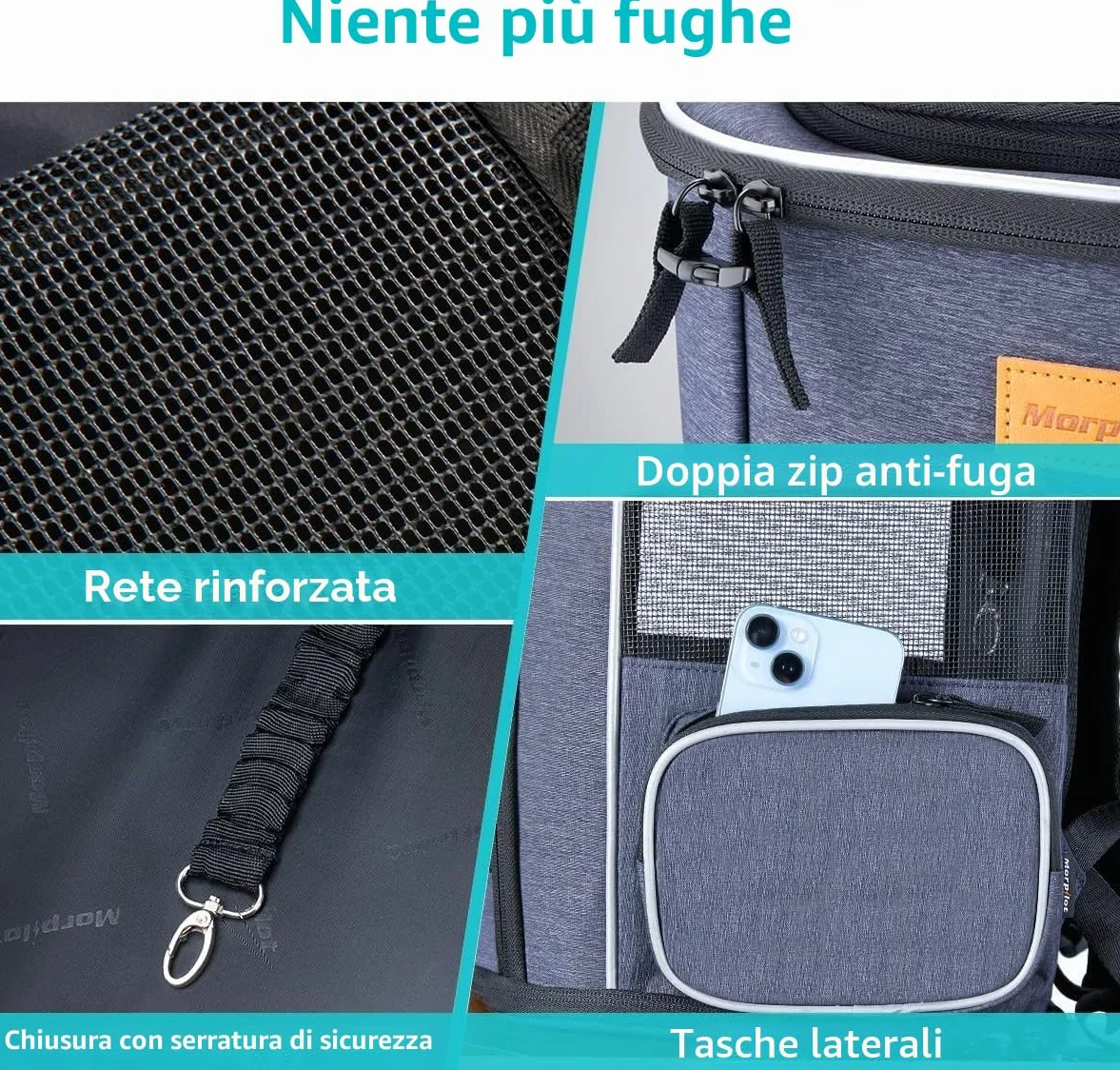 Morpilot Zaino per Cani e Gatti 7kg Trasportino Taglia Piccola Cinturino Sicurezza Interno Portatile Viaggio Campeggio