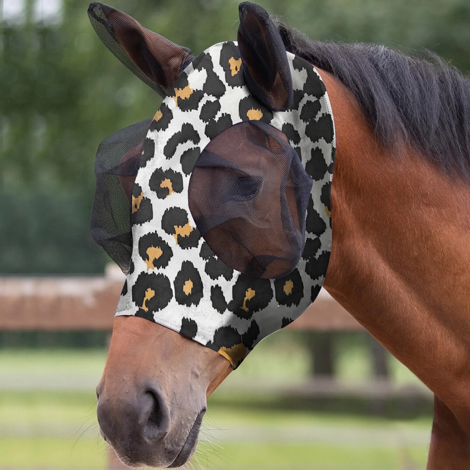 Maschera Antimosche per Cavallo, Maschera Mosche Cavallo Rete Morbida con Paraorecchie, Elasticità Maschera da Mosca per Cavallo con Protezione UV, Anti Mosca, Zanzare(stampa leopardata)