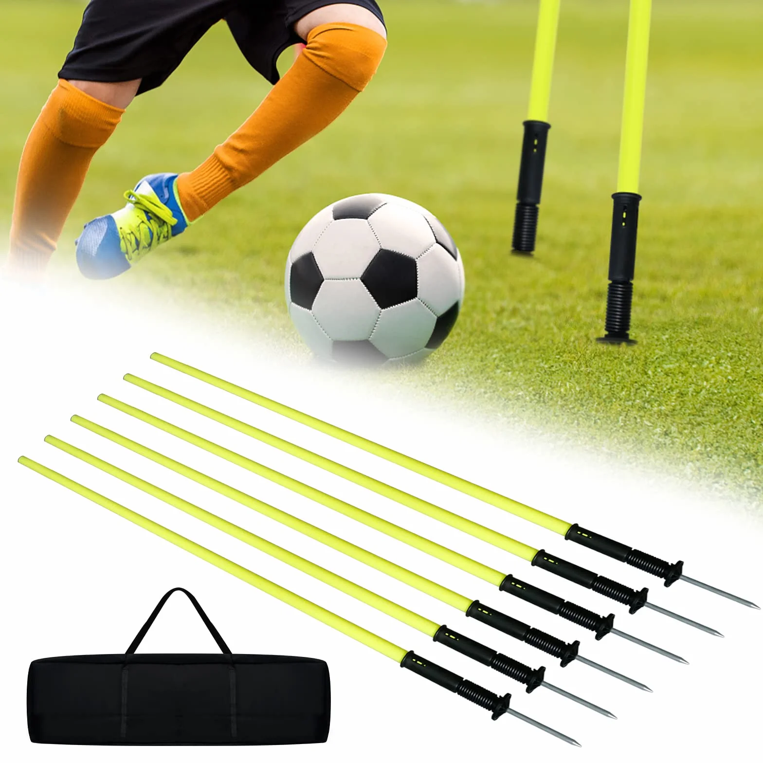 FIVMEN Slalom Agility - Set di 6 aste da calcio, con punte in acciaio e borsa per il trasporto, aste da traing caricate a molla per calcio, allenamento, fitness, sport