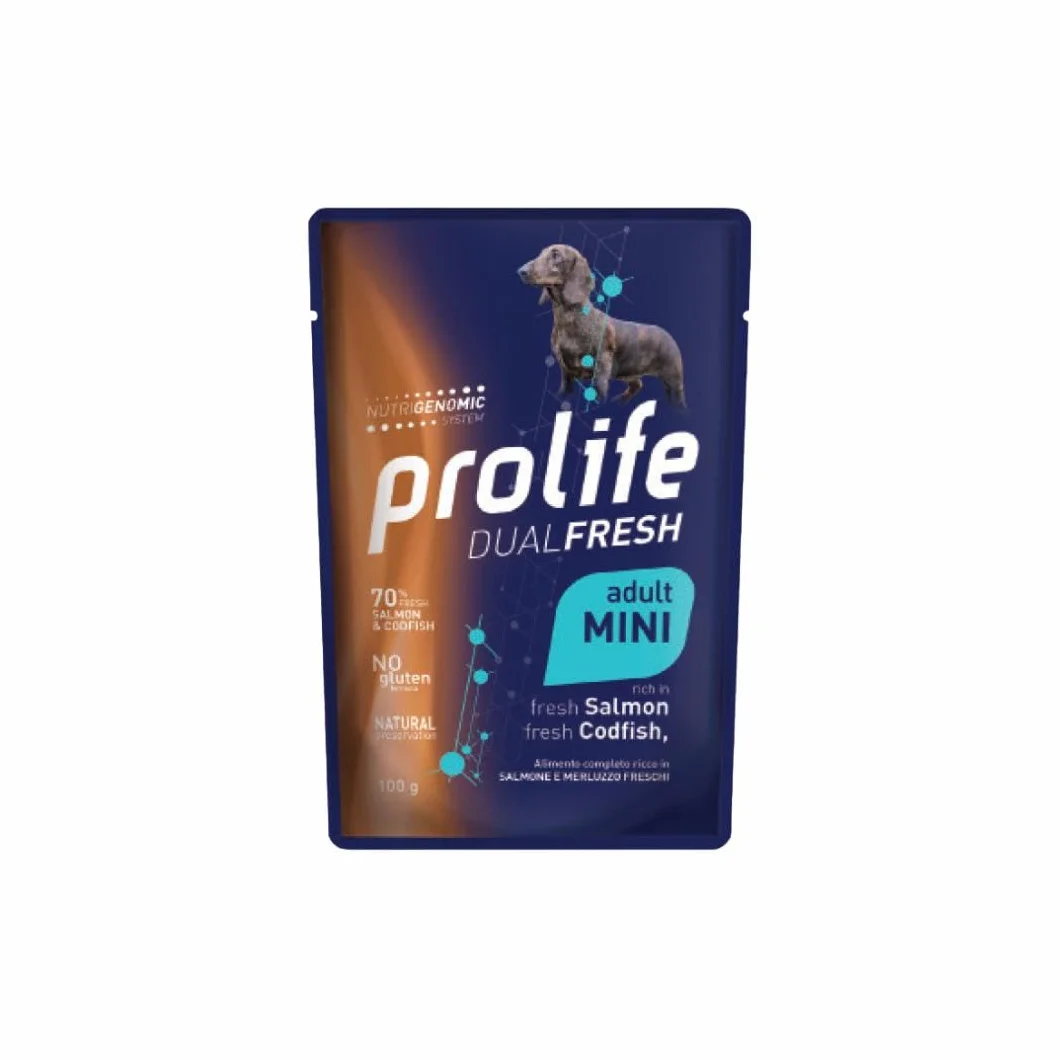Prolife Umido Cane Dualfresh Adult Salmone e Merluzzo, alimento completo per cani adulti di tutte le taglie,gusto Salmone e Merluzzo | 12 bustine da 100 grammi l’una.