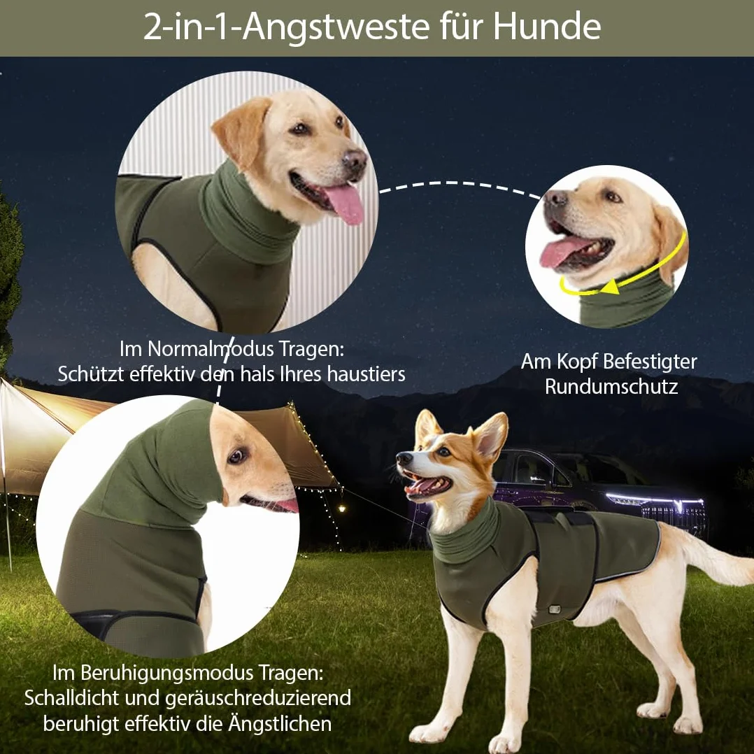 Cappotto calmante per cani con protezione orecchie e strisce riflettenti antistress (XL)
