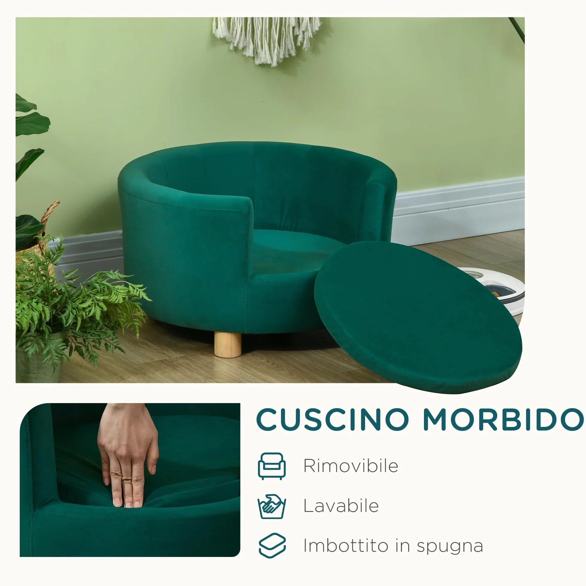 PawHut Divano per Cani Imbottito con Schienale e Cuscino Rimovibile, Cuccia per Gatto da Interno, 65x64x37cm, Verde