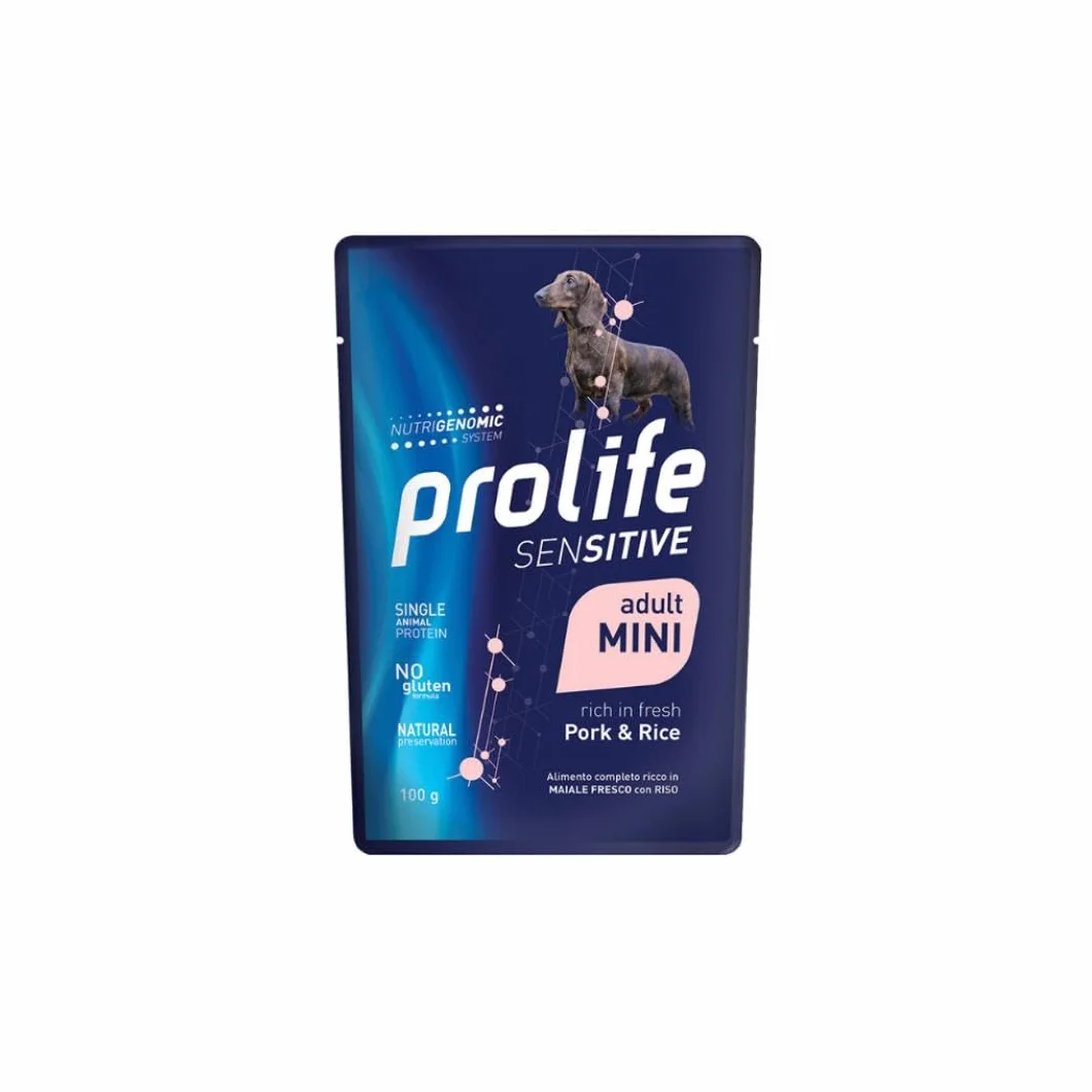 Prolife Umido Cane Sensitive Adult Small Mini 100gr, alimento completo per cani Adulti di tutte le taglie gusto MAIALE e RISO | 12 bustine da 100 grammi l’una.