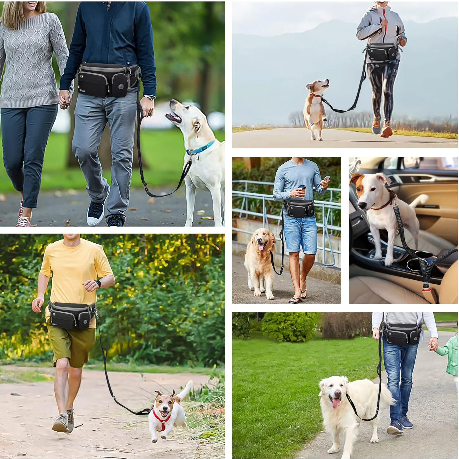 TUDEQU Guinzaglio da corsa 4 in 1 con grande marsupio, cintura per guinzaglio per cani intorno alla vita, marsupio per passeggiate con il cane