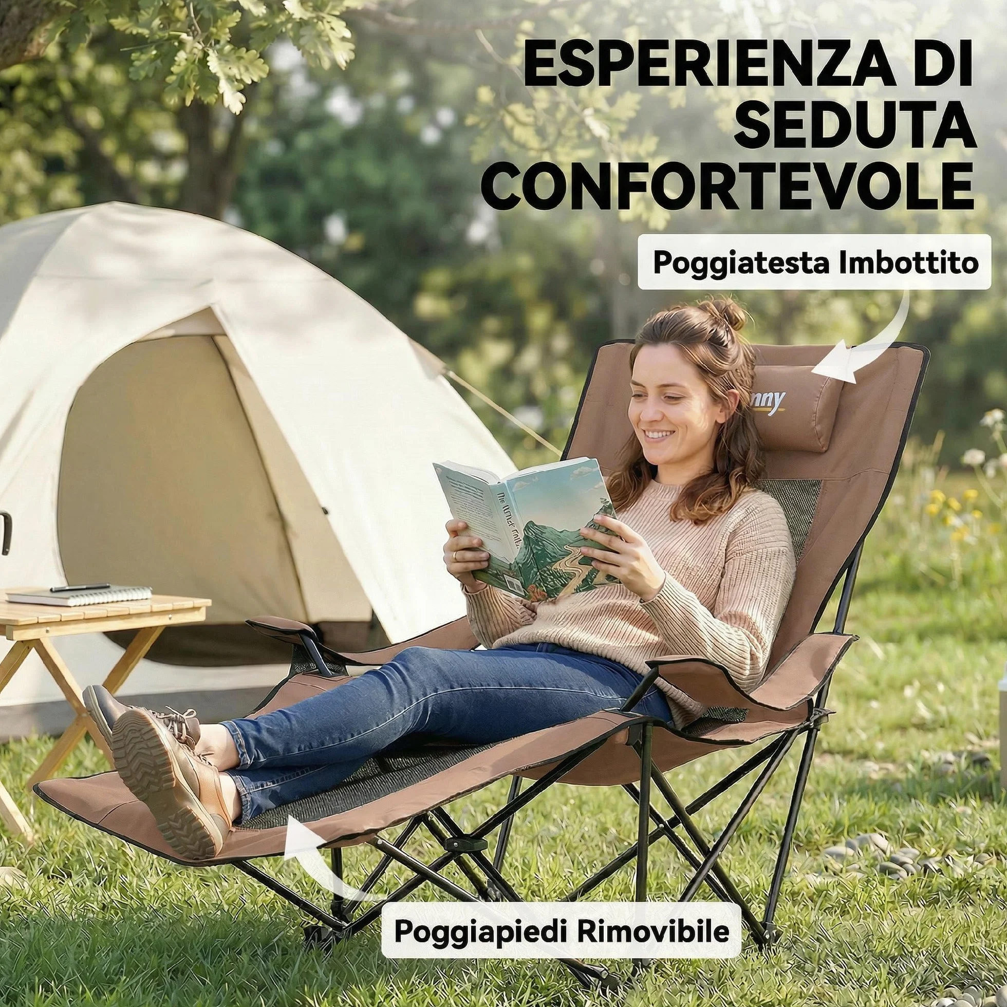 Outsunny Set 2 Sedie da Campeggio Pieghevoli con Poggiapiedi Staccabile, Portabicchieri e Tasca Laterale, Sedie da Giardino in Tessuto Oxford e Metallo, 165x80x90 cm, Marrone e Nero