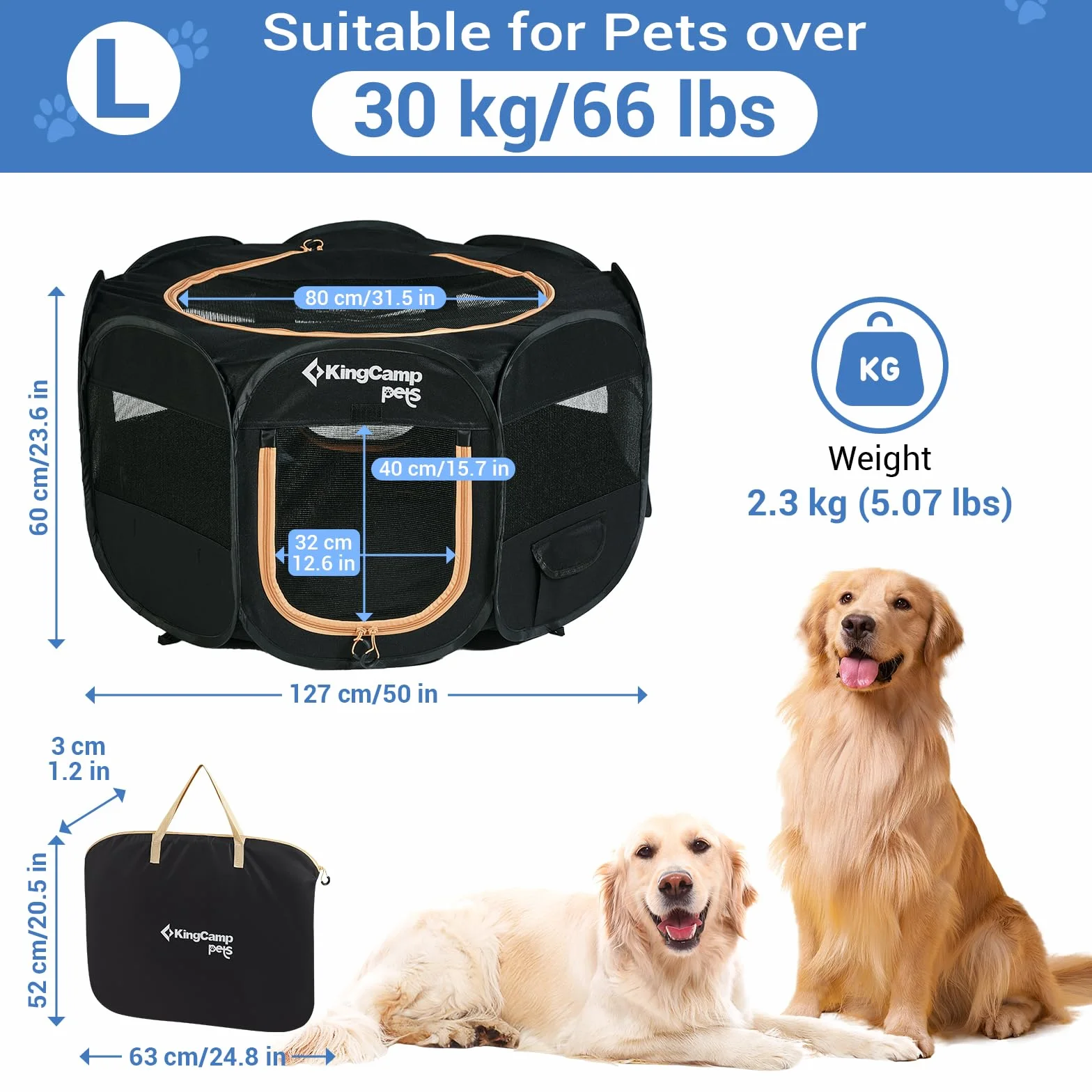 KingCamp Box per Cani Pieghevole 127x127x60 cm Nero