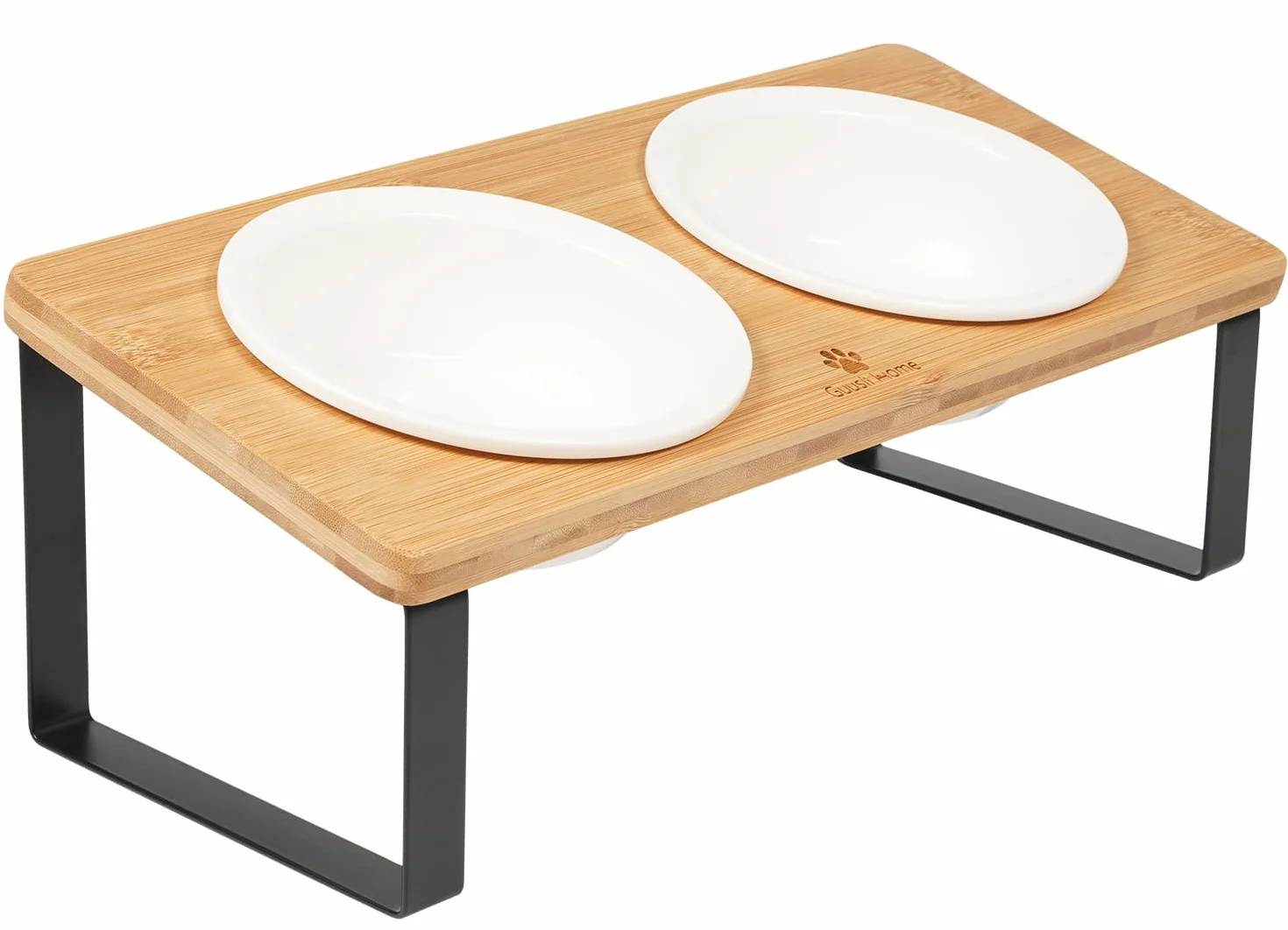 GUUSII HOME Ciotole per Gatti Rialzate Ciotola Gatto Ceramica Legno 15° Inclinate Gatto Set di Doppio Ciotole per Alimenti Ø14cm con Supporto in Bambù Inclinato Antiribaltamento (Colore legno)