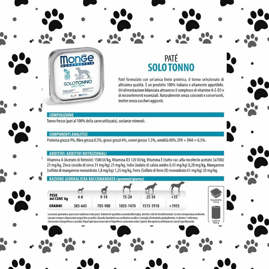 Monge Monoprotein umido cane gusto SOLO TONNO formula grainfree | 12 vaschette da 150 grammi l'una.