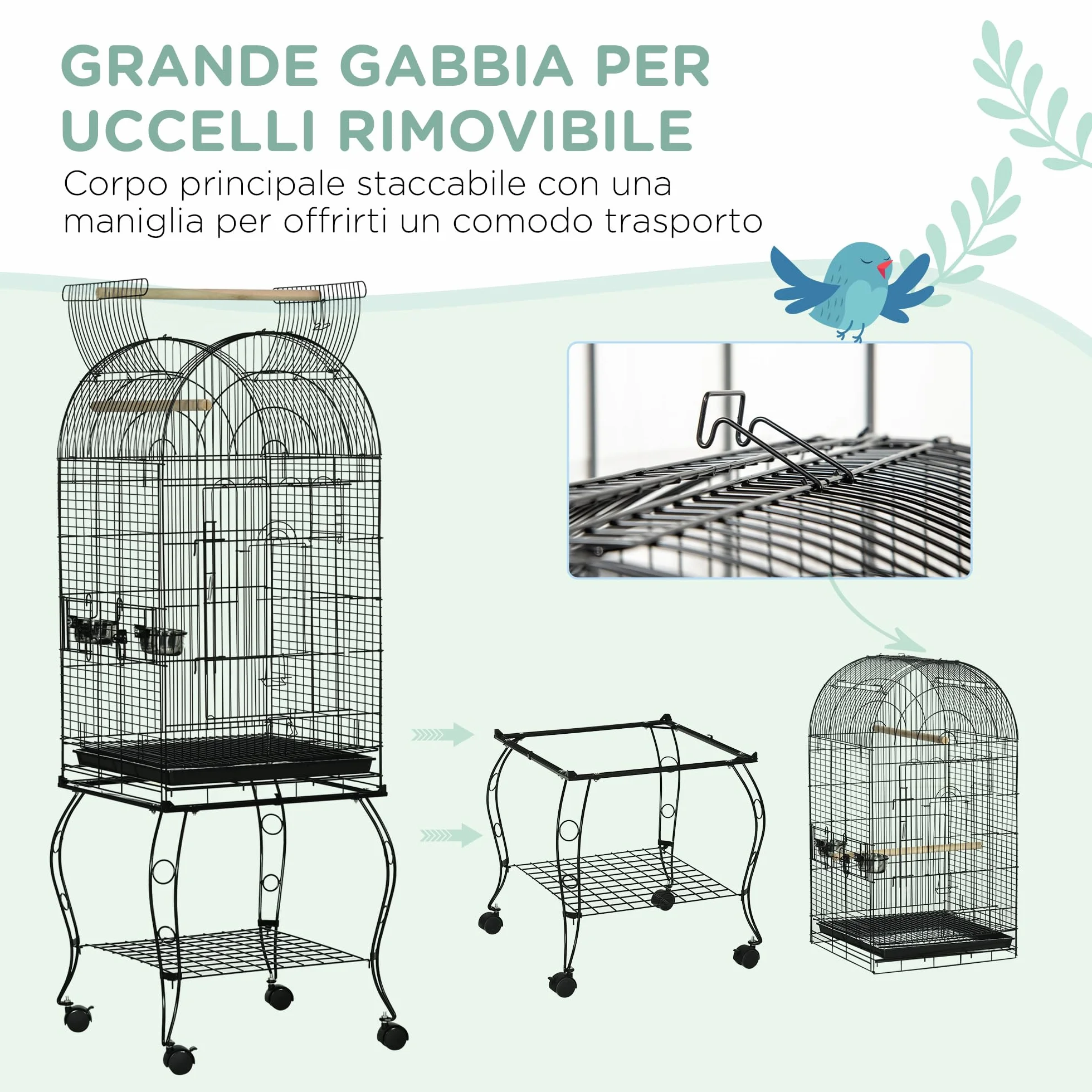 PawHut Gabbia per Uccelli e Canarini con Ruote e Vassoio Estraibile, Voliera per Pappagallini in Acciaio, 51x51x153 cm, Nero