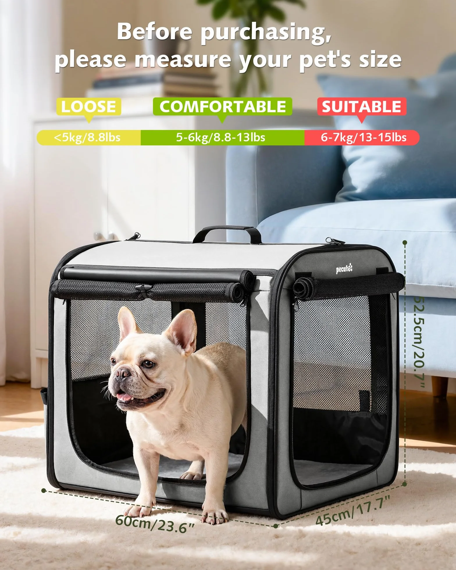 Pecute Trasportino Cani Stabile Leggero, per viaggi e auto, Portatile Con Finestre Traspiranti, Pieghevole Per Animali Domestici, Uso Interno Esterno, 61×45×52 cm, Grigio