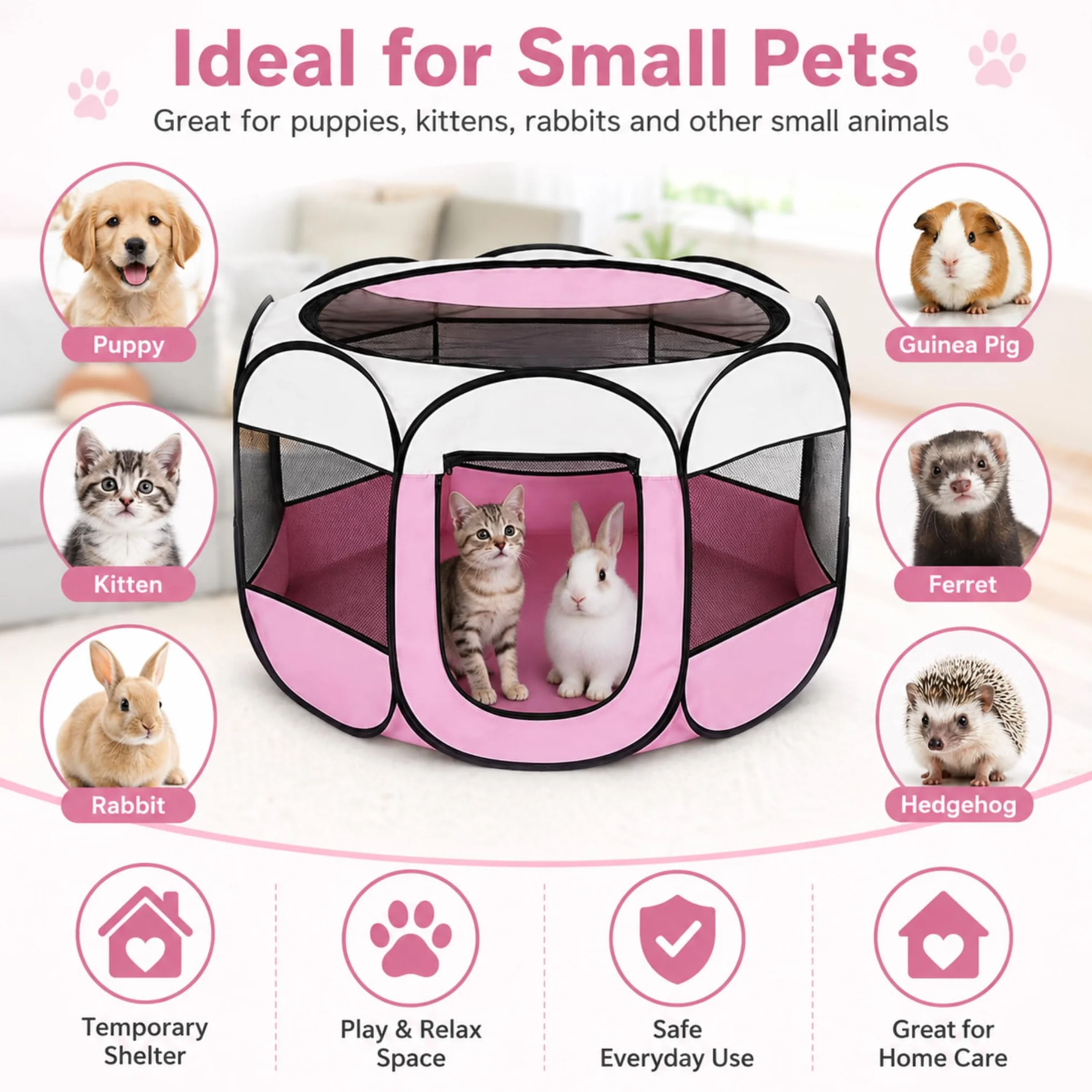 Recinto pieghevole per cuccioli 74x74x43 cm box per cani gatti conigli interni esterni rosa