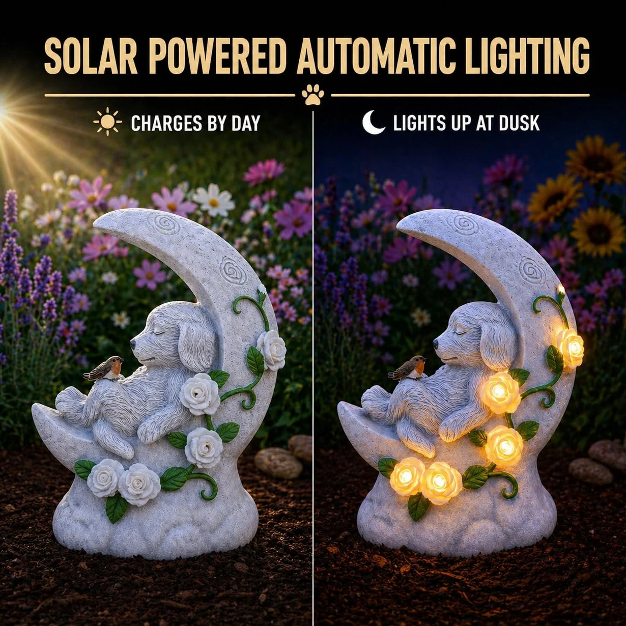 Lapide commemorativa con illuminazione LED solare a mezzaluna 19 cm per cane resistente agli agenti atmosferici