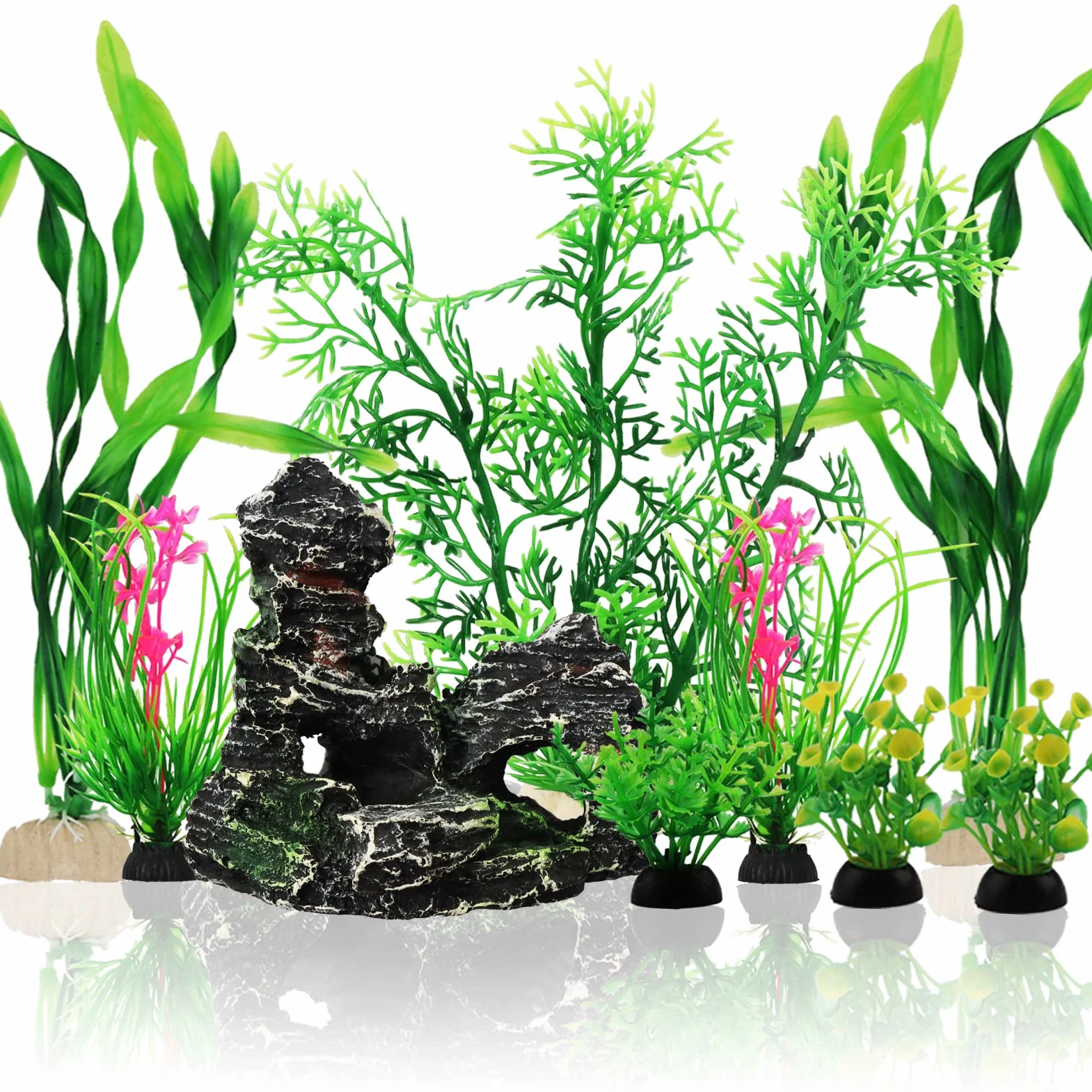QUOZUO 9 Pezzi Decorazione Piante per Acquario, Piante in Plastica Verde con Resina, Grotta di Pesce e Accessori per Serbatoio