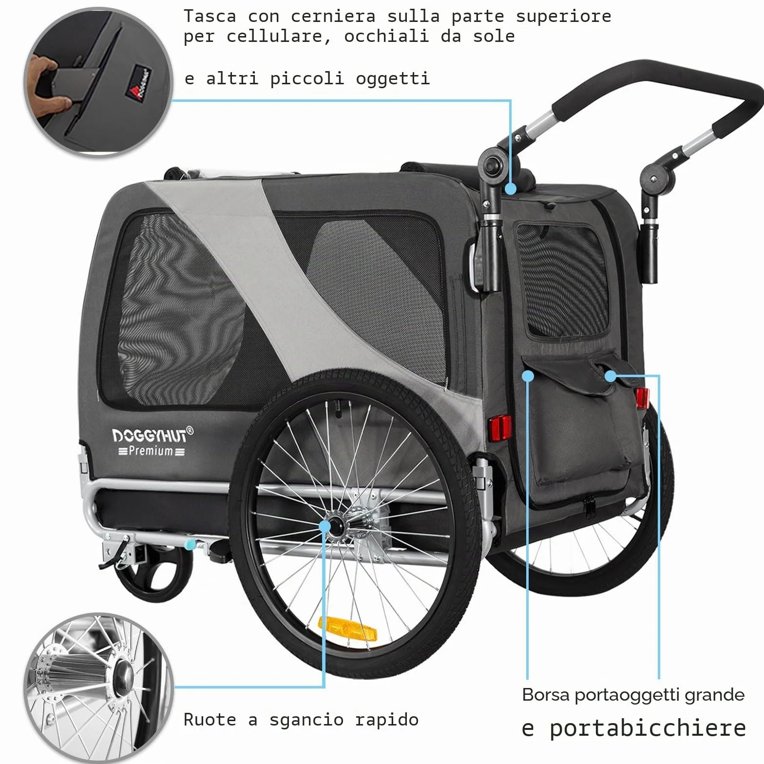 DOGGYHUT® - Rimorchio per bicicletta 2 in 1 per cani e jogging, 23 – 45 kg, per cani, per bicicletta, 80106 (grigio)