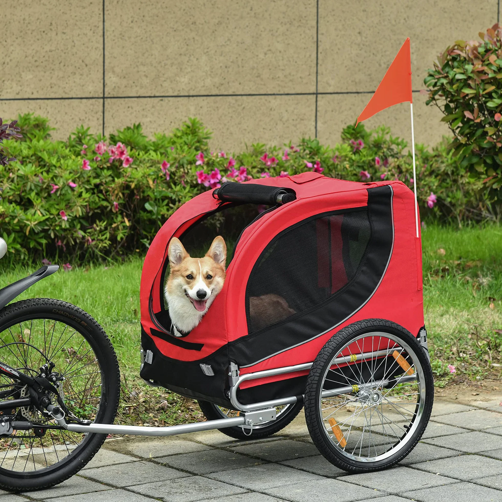 PawHut Carrellino Rimorchio per Cani Animali Domestici da Bicicletta 130 x 73 x 90cm Rosso e nero