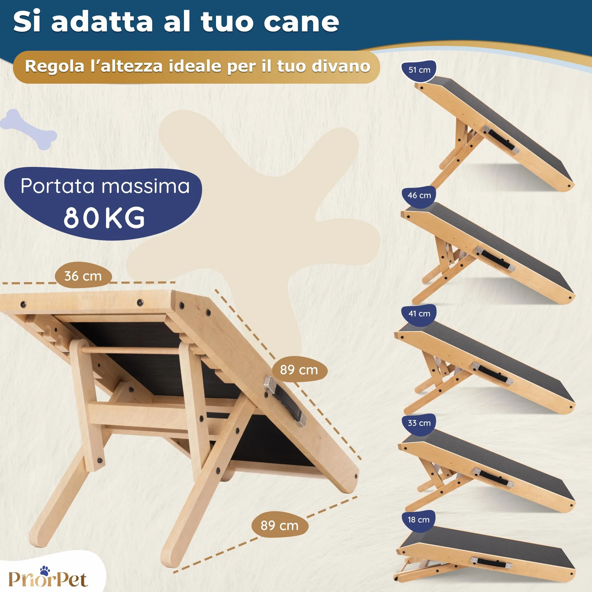 Rampa per Cani in Legno di Betulla Regolabile 18-53 cm Pieghevole per Letto e Divano