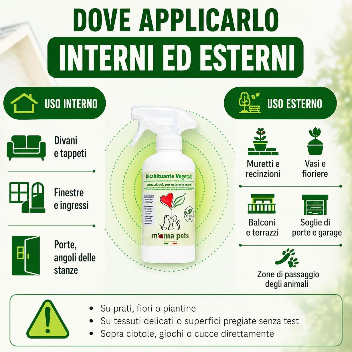 M' MA PETS Repellente Disabituante per Cani e Gatti 100% Naturale, Made in Italy - Spray Anti Urina Uso Interno ed Esterno – Formula Green a Base Vegetale Senza Alcool - 500ml