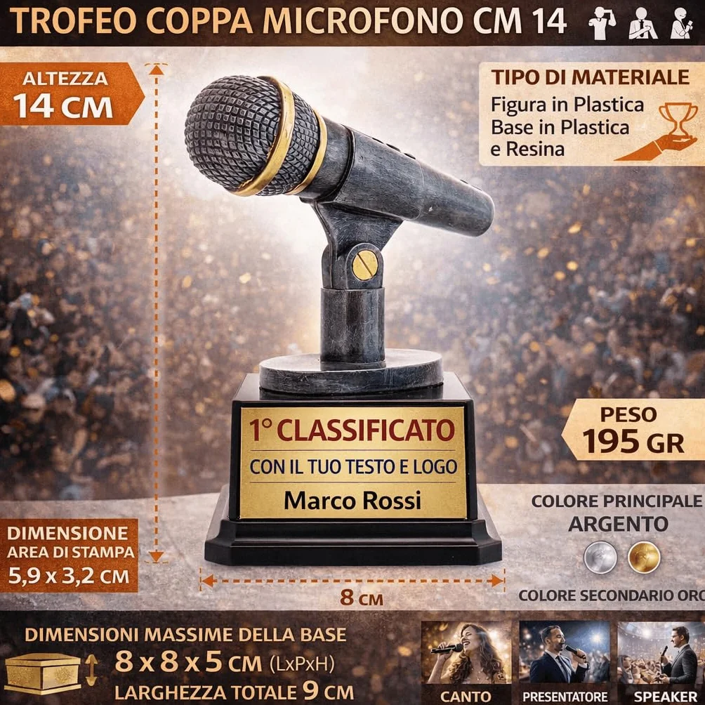 D&Vlab Trofeo Microfono 14 cm Argento con Targhetta Personalizzabile – Premio Canto Karaoke Speaker Presentatore Eventi Musicali