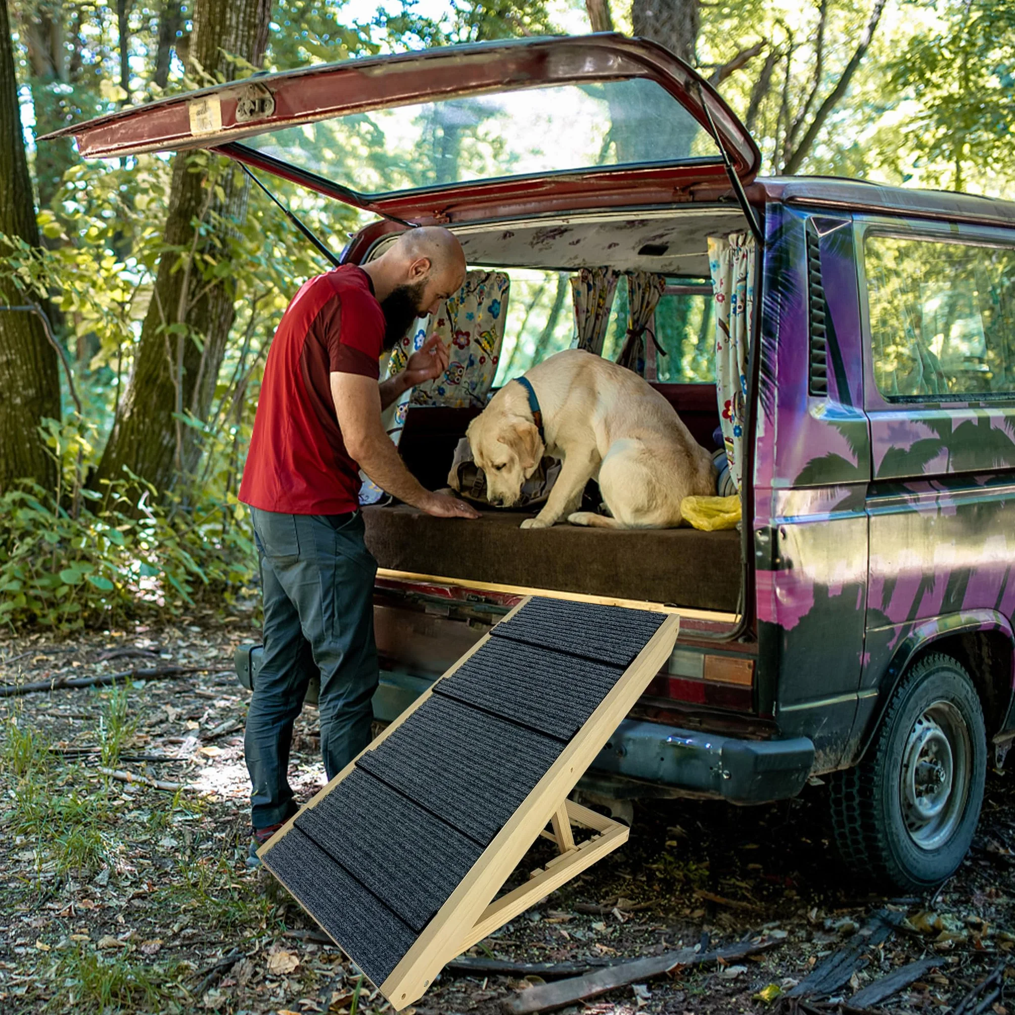 Rampa per cani in legno, pieghevole, altezza regolabile, per letto, divano, altezza 60 cm, antiscivolo, per cani e gatti, portata massima 100 kg, 100 x 40 x 60 cm