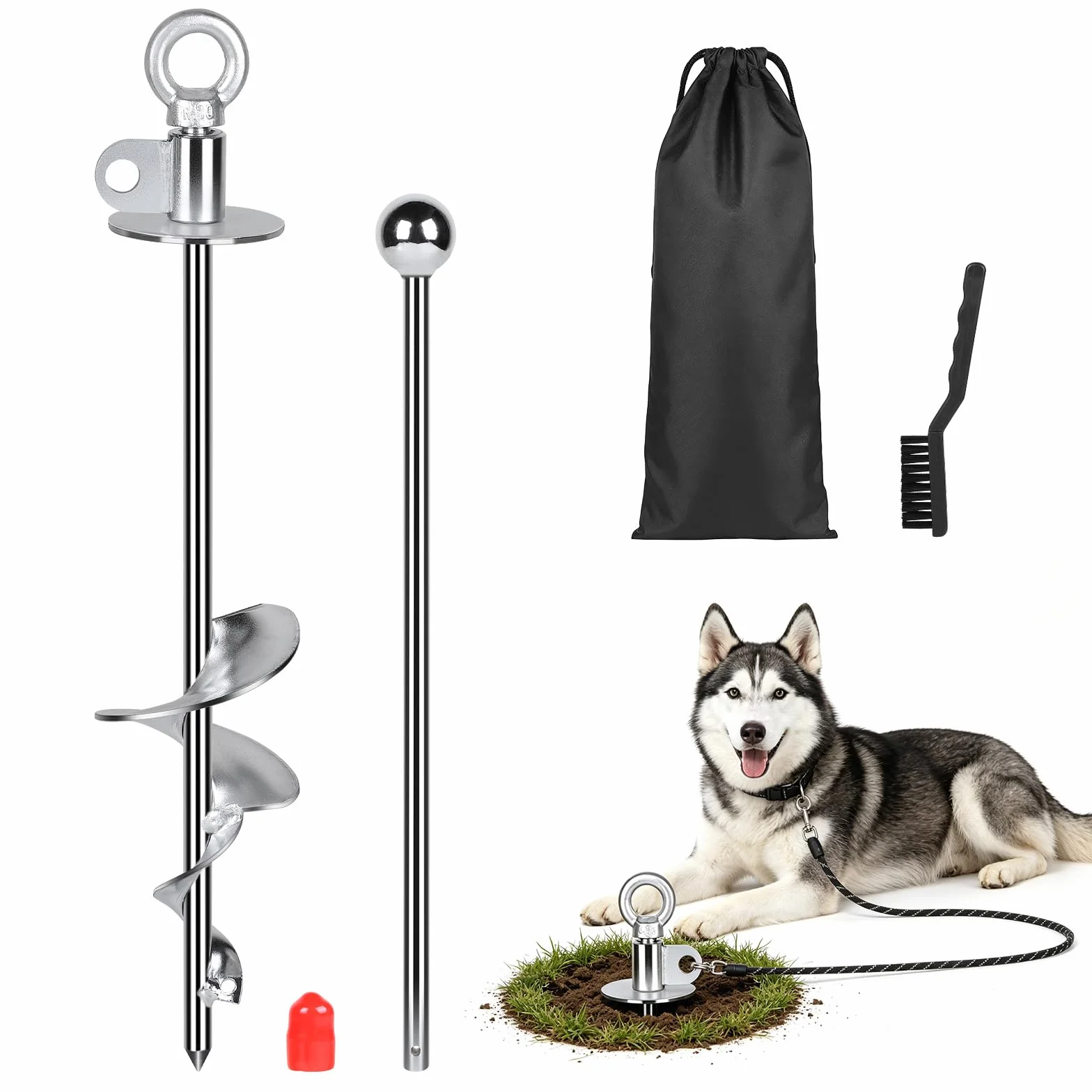 SWAWIS Palo per Cani con Anello Rotante a 360°38cm Argento, per Cani di Peso non Superiore a 100kg, Senza Grovigli, con Spazzola per Pulizia e Piede di Porco, Ancoraggio A Terra per Cortile Campeggio
