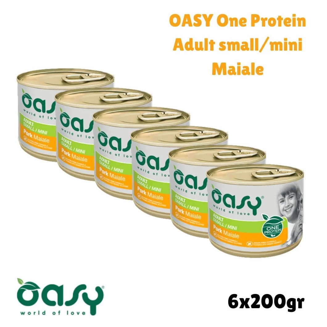 Oasy umido cane adulto monoproteico, alimento completo per cani adulti di taglia piccola (small) gusto MAIALE | 6 scatolette da 200 grammi l’una.