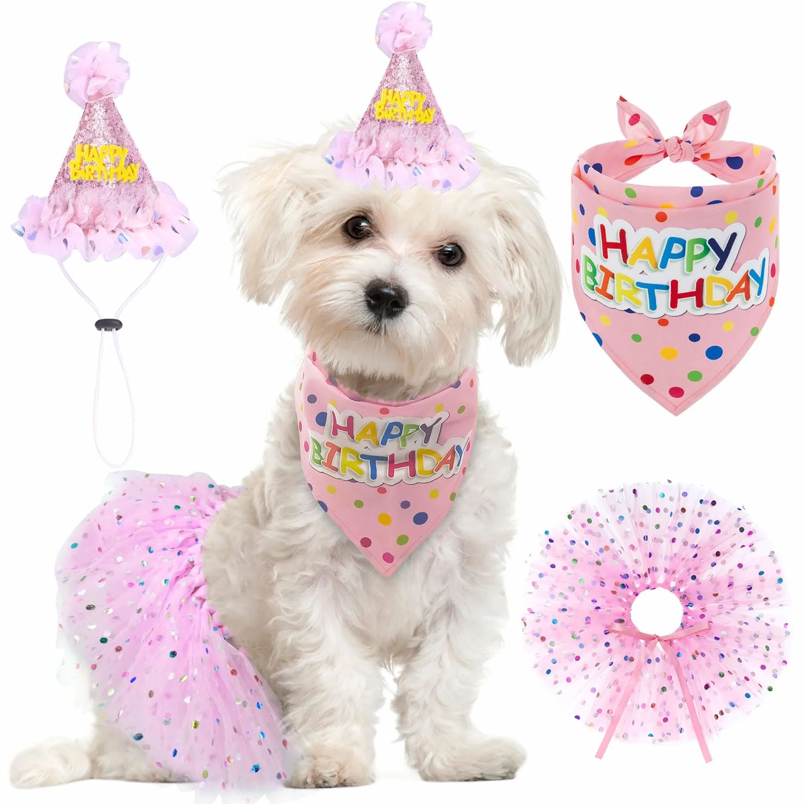 SCENEREAL Bandana di compleanno per cani con cappello e vestito per ragazze, forniture per feste di compleanno per cuccioli, graziosa gonna tutù rosa per cani di taglia piccola, media e grande