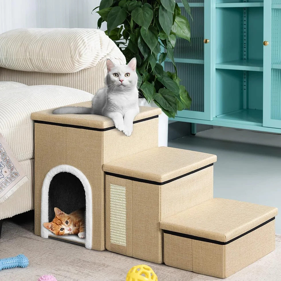 BAKAJI Pieghevole in Poliestere Beige Scala per Cani e Gatti 3in1 con Vano Contenitore e Cuccia Casetta, Gradini Ergonomiche, Fondo Antiscivolo