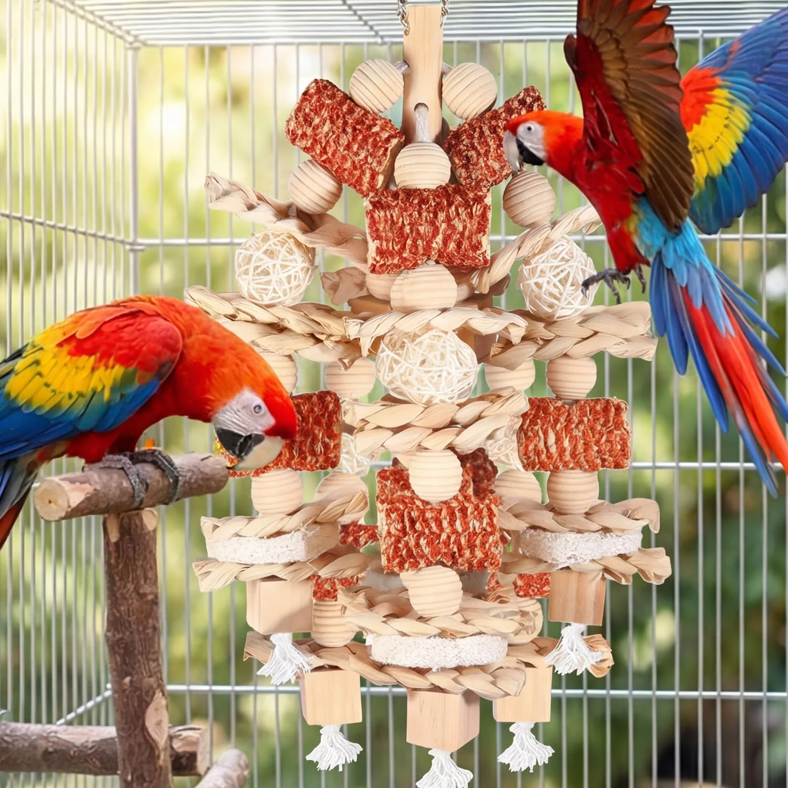 Giochi per Pappagalli in Legno Naturale da Masticare con Blocchi Appesi per Small Medium Parrocchetti Lovebirds