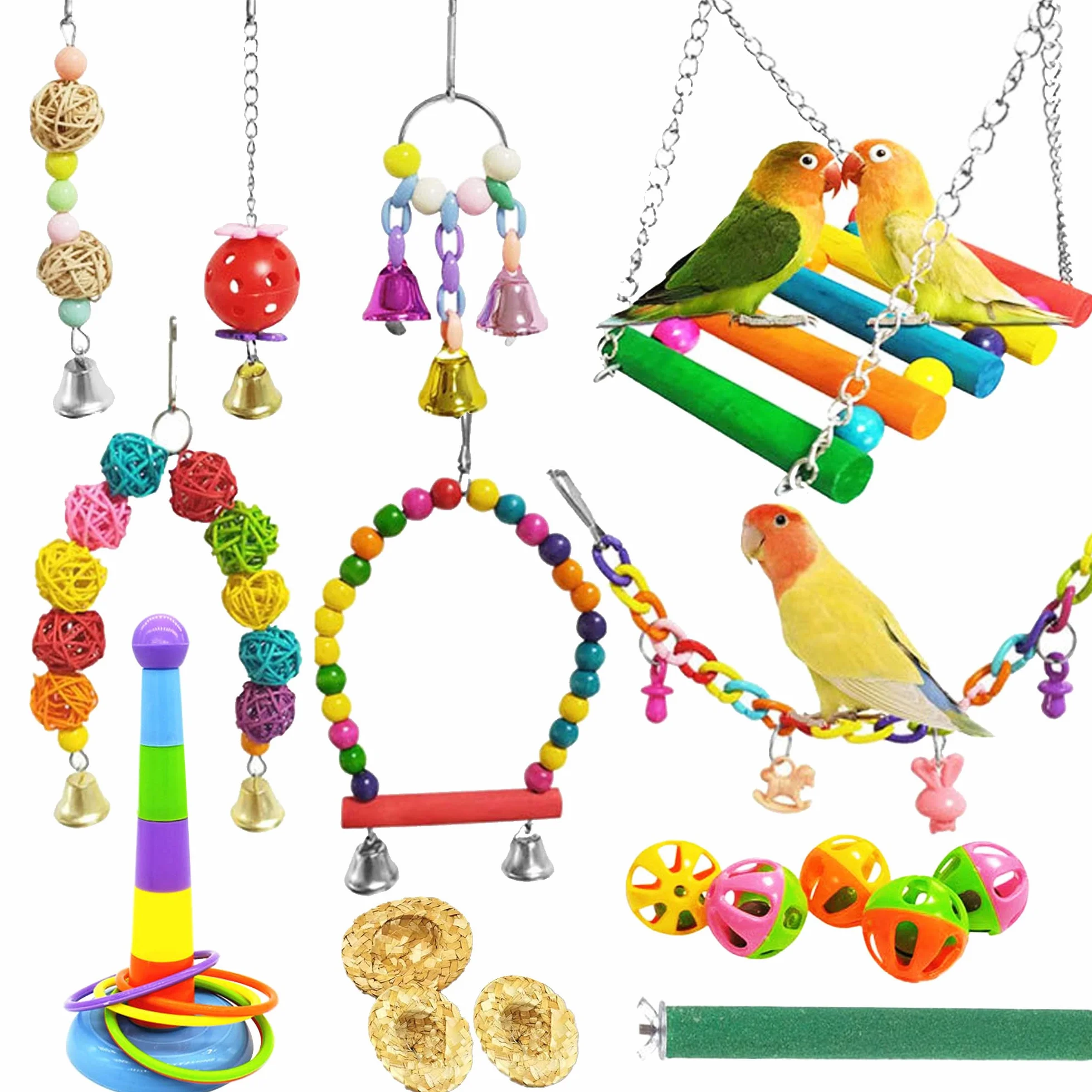 Allazone Giochi per Uccelli Pappagalli 17 Pezzi Giocattoli Gabbia Addestramento Pappagallo Cockatiel Love Birds Fringuelli