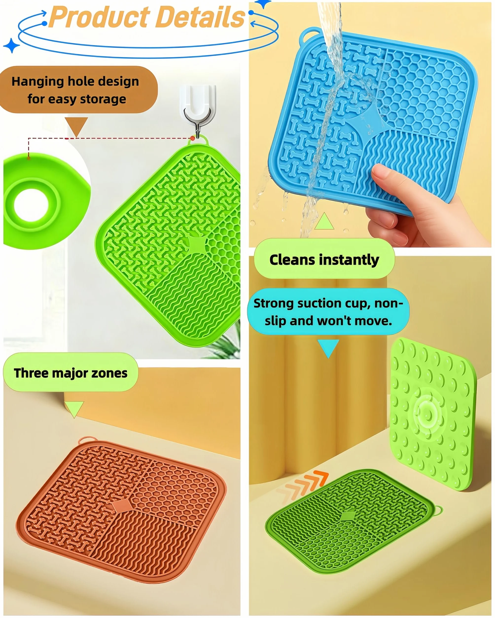 Slow Feeder Licky Mats per gatti e cani, morbido silicone, forte ventosa, partizioni multifunzionali per alleviare l'ansia (arancione)