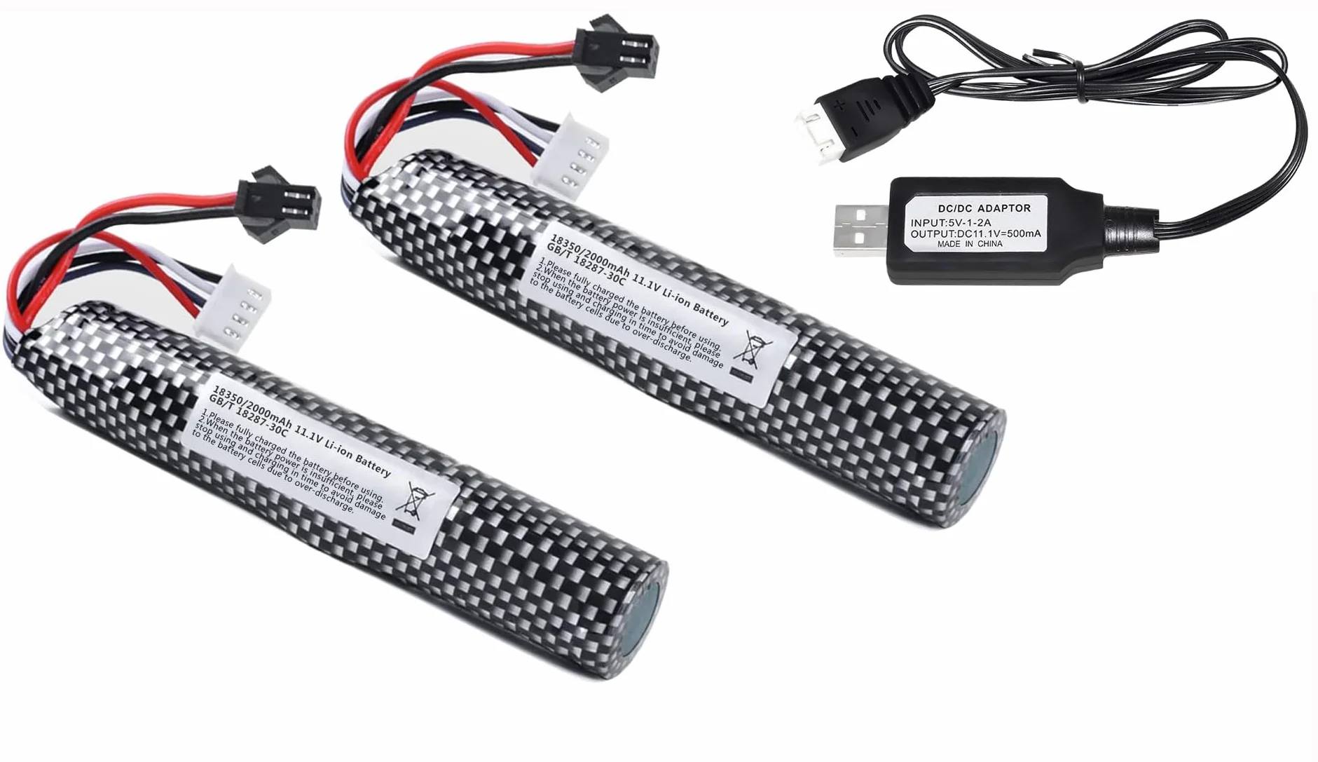 Confezione da 2 batterie agli ioni di litio ricaricabili da 11,1 V 3S per softair, 2000 mAh, RC, SM 2P, connettore con caricatore USB, set per telecomando, fucili a gel, pistole a palla