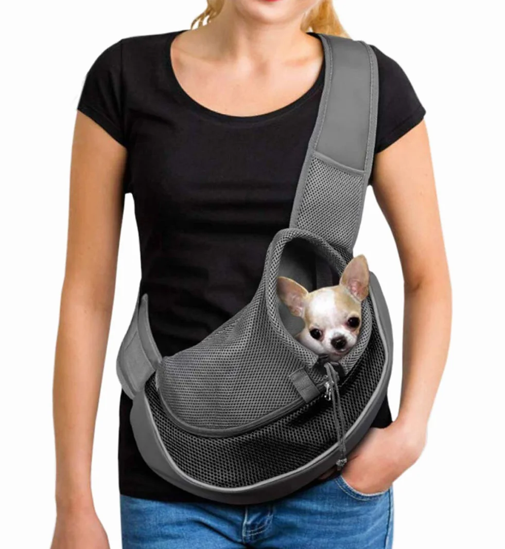 Borsa a tracolla per cani di piccola taglia e cucciolo, a mani libere, borsa per il trasporto del gatto in rete, per animali domestici, con tracolla imbottita regolabile, con tasca e cintura di