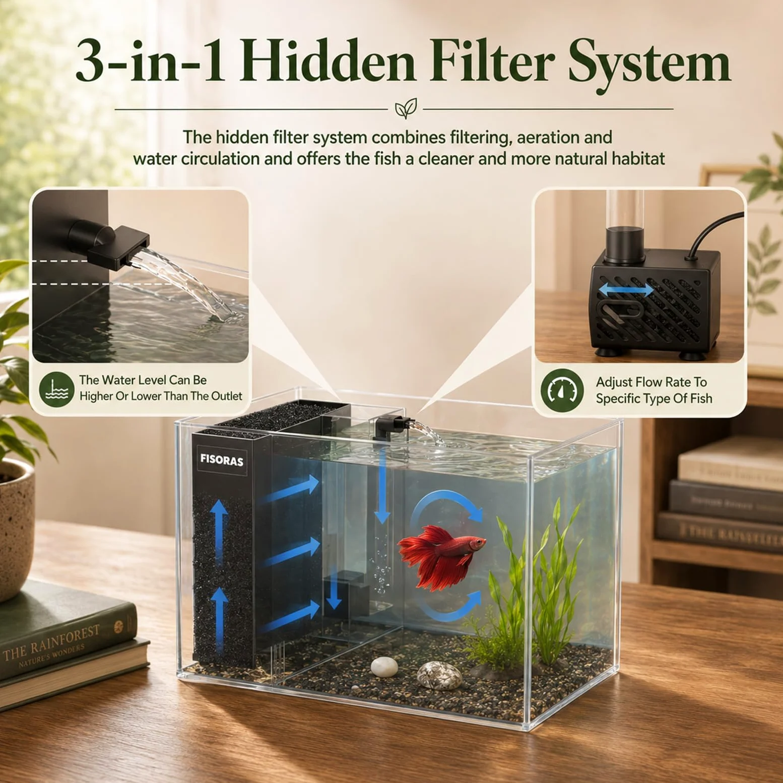 Piccolo acquario Betta da 3,7 l, set completo, acquario nano in acrilico con pompa silenziosa e filtro, illuminazione a LED con 10 livelli di luminosità e 3 modalità di colore, ideale per pesci da