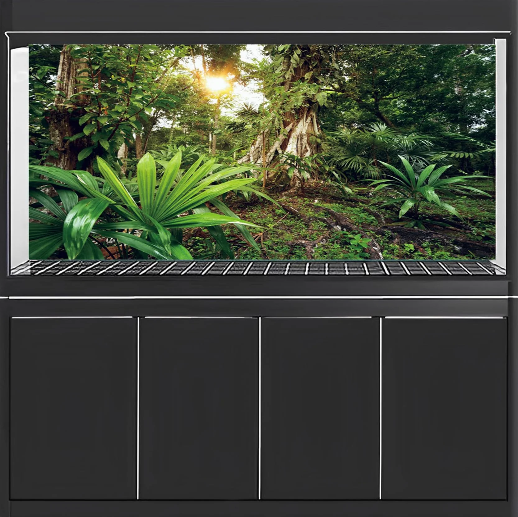 91x50cm Foresta Profonda Terrario Sfondo Sole Piante Tropicali Alberi Acquario Sfondo Foresta pluviale Rettile Habitat Sfondo Vinile