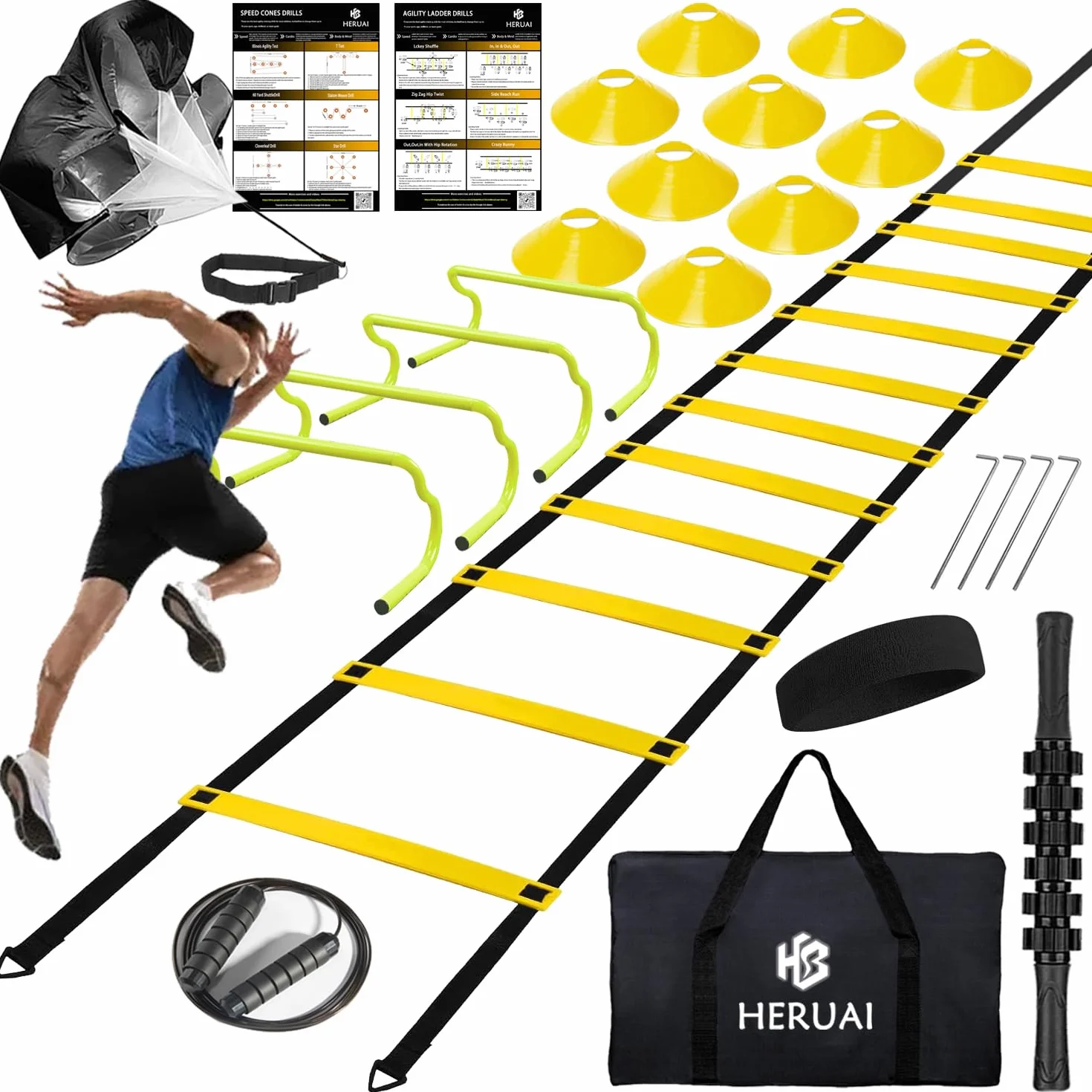 Set di Attrezzature per Allenamento di velocità di agilità, Scala da 6 m, 4 Ostacoli, 10 Coni di velocità, Paracadute da Corsa, Calcio, Basket, Calcio, Attrezzatura per Allenamento per Bambini