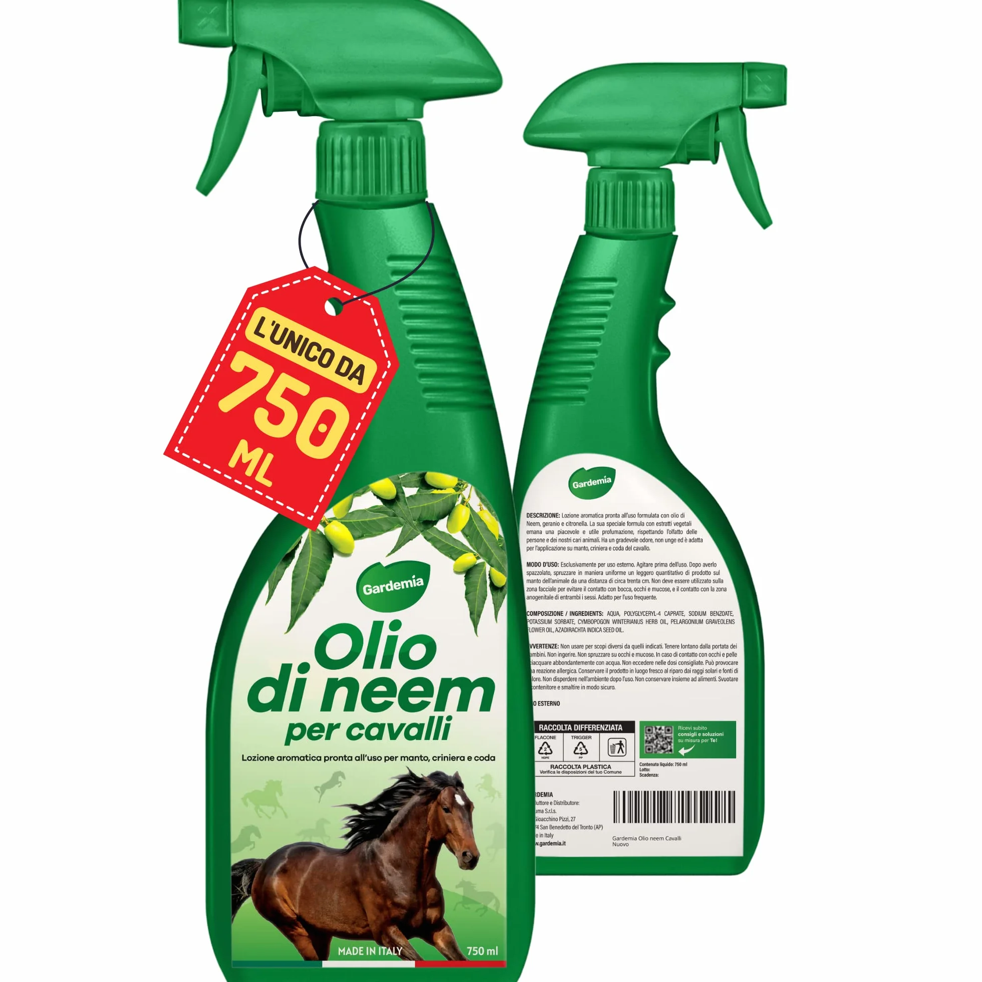 Gardemia Olio di Neem per Cavalli Spray 750ml Repellente Antiparassitario con Geranio e Citronella