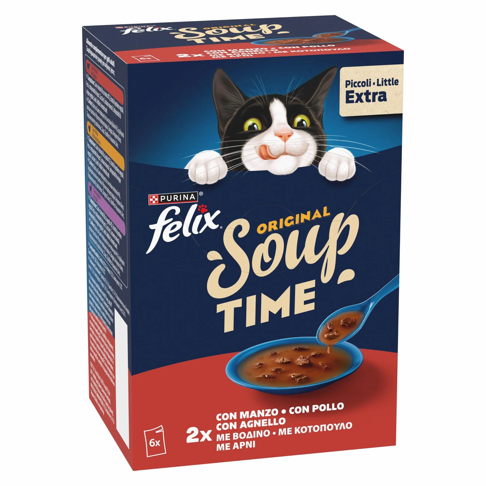 Purina Felix Soup Original Cibo Umido per Gatti con Manzo, Pollo e Agnello, 8 Confezioni con 48 Buste da 48g