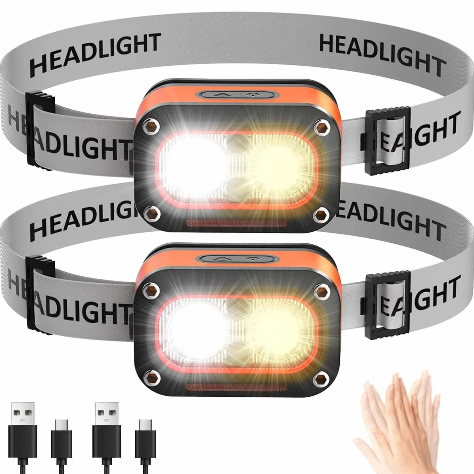 Lampada Frontale a LED Ricaricabile 3000 Lumen Impermeabile con Sensore di Gesto per Campeggio Ciclismo Pesca (2 Pezzi)